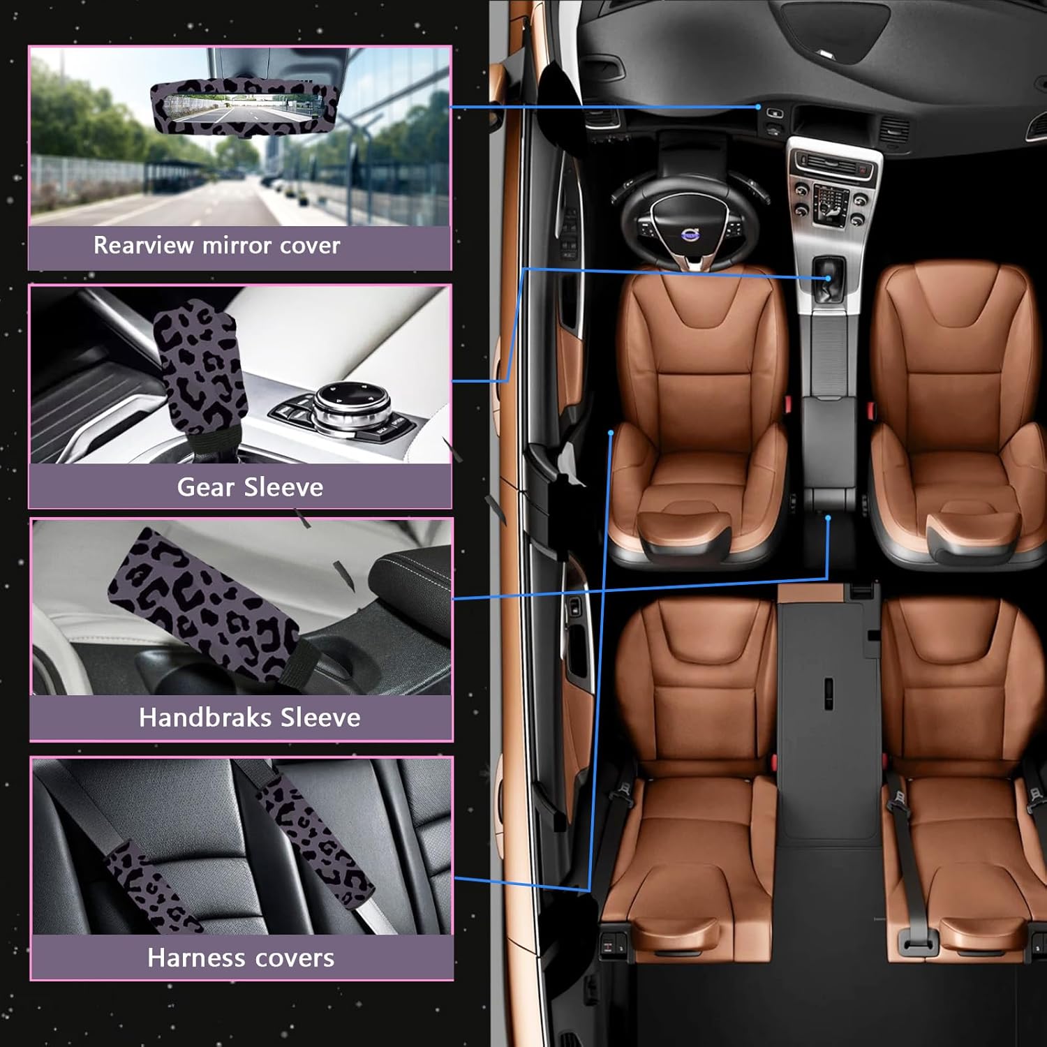 24 Pcs Leopard Print Car Accessories,Including License Plate Frame,Rearview Mirror Decoration,Etc,Suitable for Sedan,SUV and Other,Cute Car Interior Set for Women (Black)