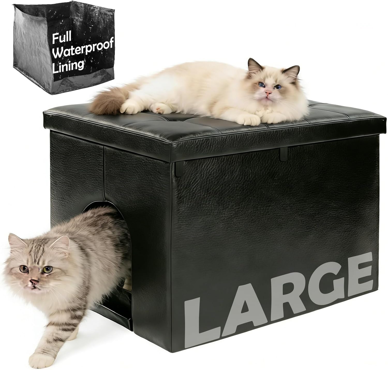 MEEXPAWS Cat Litter Box Enclosure Furniture Hidden, Foldable Cat Washroom Bench Cabinet & Removable Waterproof Liner & Storage Divider, Odor Control & Dog Proof, Large 27.5'' x 19.6'' x 19.6'', Black