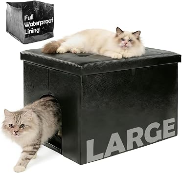 MEEXPAWS Cat Litter Box Enclosure Furniture Hidden, Foldable Cat Washroom Bench Cabinet & Removable Waterproof Liner & Storage Divider, Odor Control & Dog Proof, Large 27.5 x 19.6 x 19.6, Black