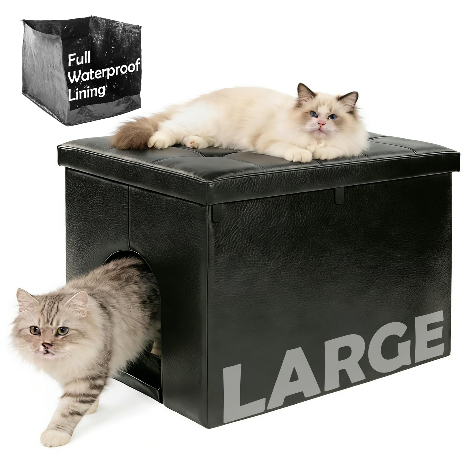 MEEXPAWS Cat Litter Box Enclosure Furniture Hidden, Foldable Cat Washroom Bench Cabinet & Removable Waterproof Liner & Storage Divider, Odor Control & Dog Proof, Large 27.5'' x 19.6'' x 19.6'', Black