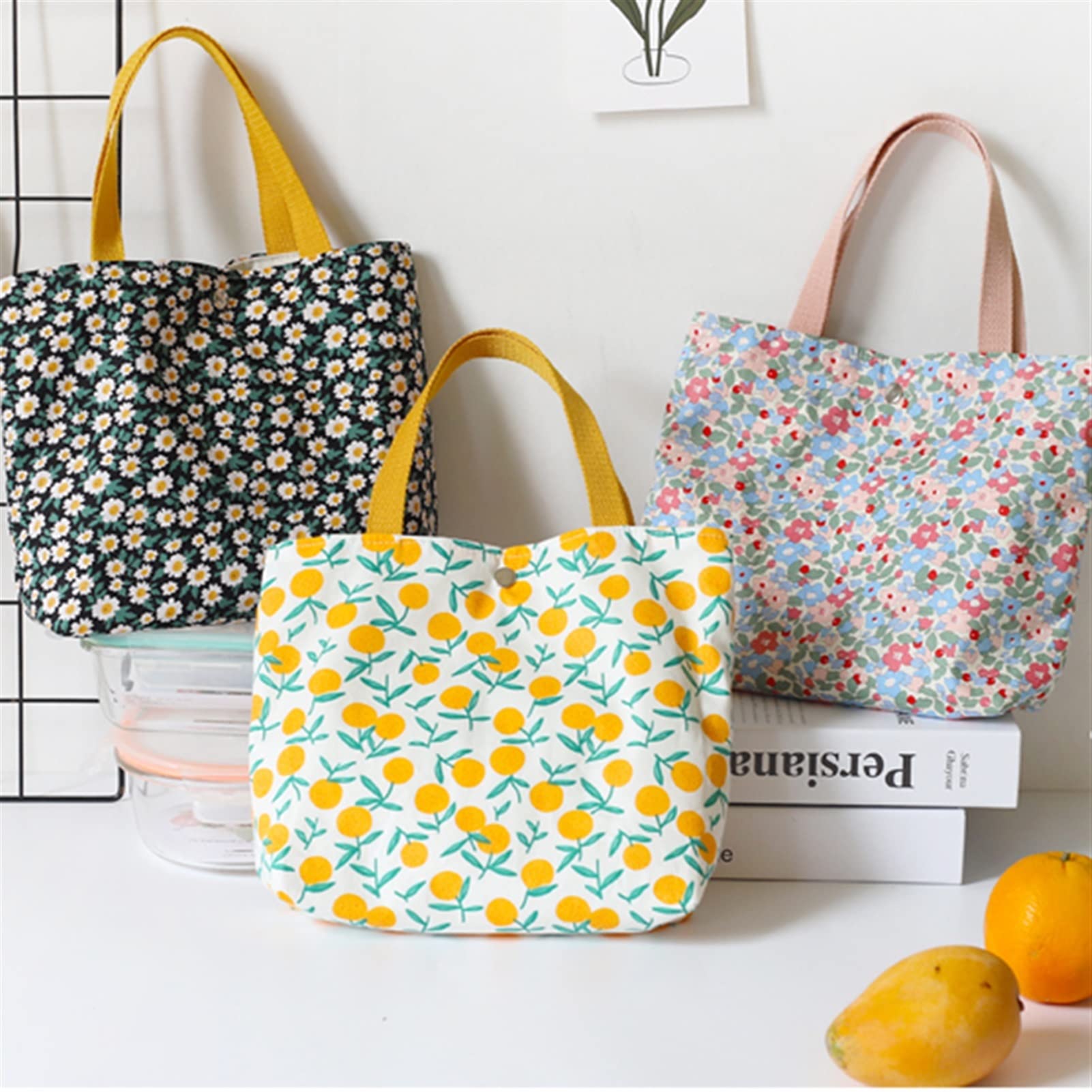 Floral Bento Bag Mini Leinwand Einkaufstasche Bequeme Lunchbox Tragbare Lebensmittelbeutel Nette Picknick Reise Lebensmittel Aufbewahrungstasche Mittagessen Tragetaschen