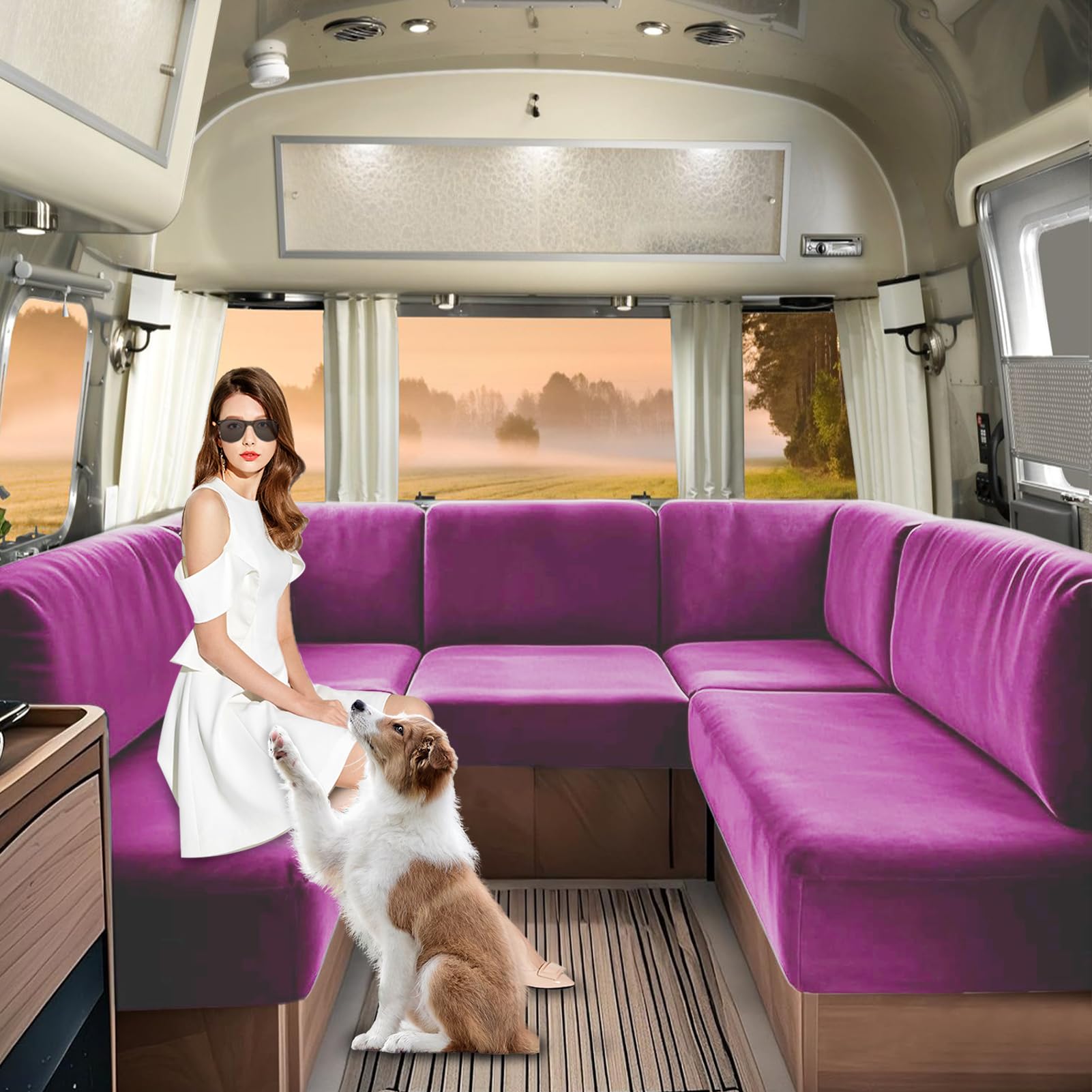 SHUOJIA Caravan Seat Covers Velvet, Motorhome Seat Cover with Elastic-band and Lacing, RV Sofa Cushion Cover for camper Washable（Purple-W160-220 cm,D65-95 cm）