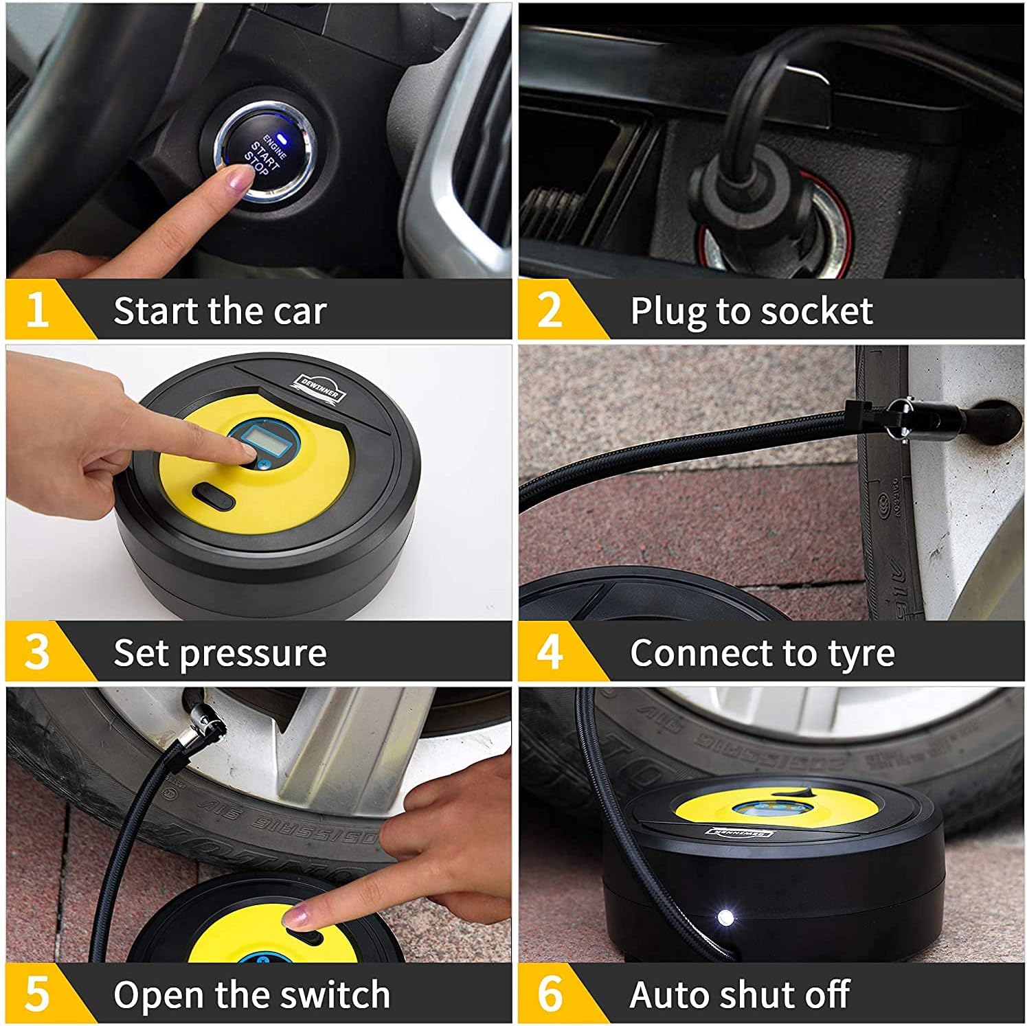 DEWINNER Tyre Inflator, Portable Air Compressor, Digital 12V DC 150PSI,Digital LCD Display with Auto Shut Pressure Gauge, Auto Car Air Tyre Pump with 35L/Min Air Flow and LED Light