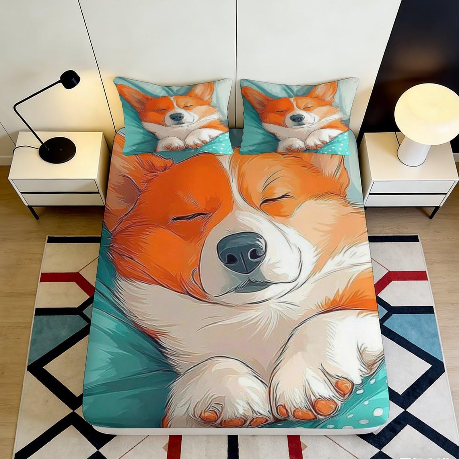 3D Printed Sleeping Corgi Fitted Sheet Microfiber Soft Orange Dog Mattress Cover for Bedroom Guest Room Decor 200x200x25cm