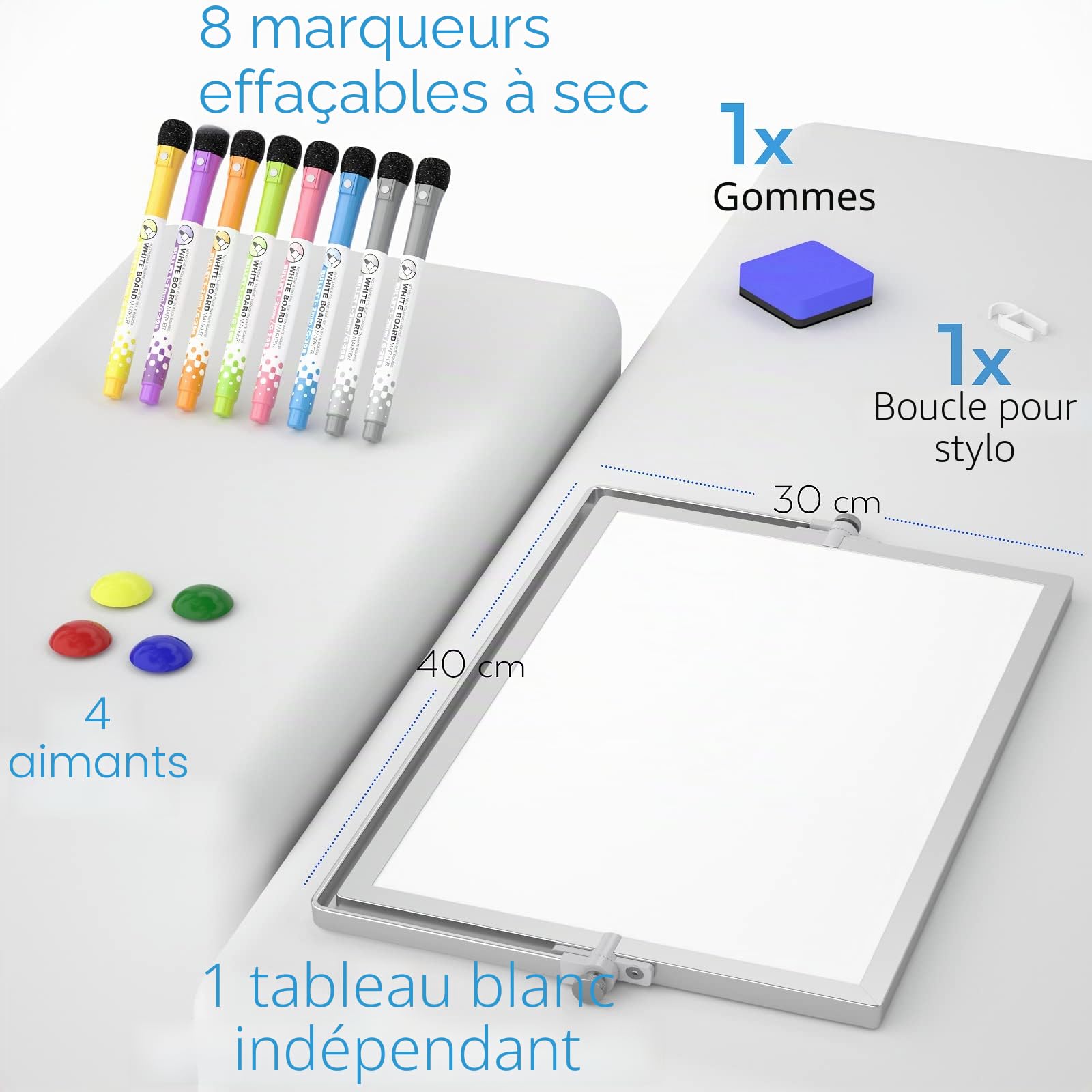 Nicpro Tableau Blanc Effacable A3 avec Support, 30 x 40 cm Petit Desktop Tableau Double Face avec 8 Couleur Marqueurs, Gomme, Aimants, Tableau Magnetique pour Utilisation en Classe Dessin En écrivant