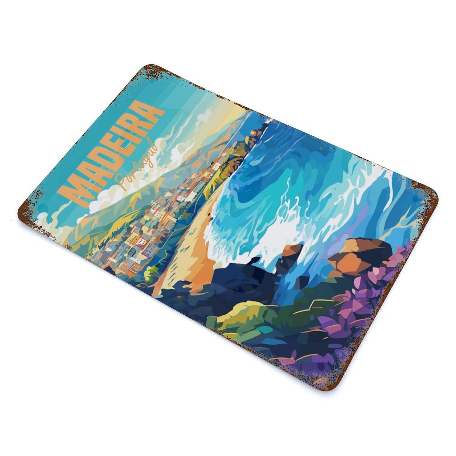 Madeira Portugal Coast Rust Effect Tin Sign 11.8"x7.9", for Bistro, Counter And Cafe Decor, Decorative Metal Wall Art