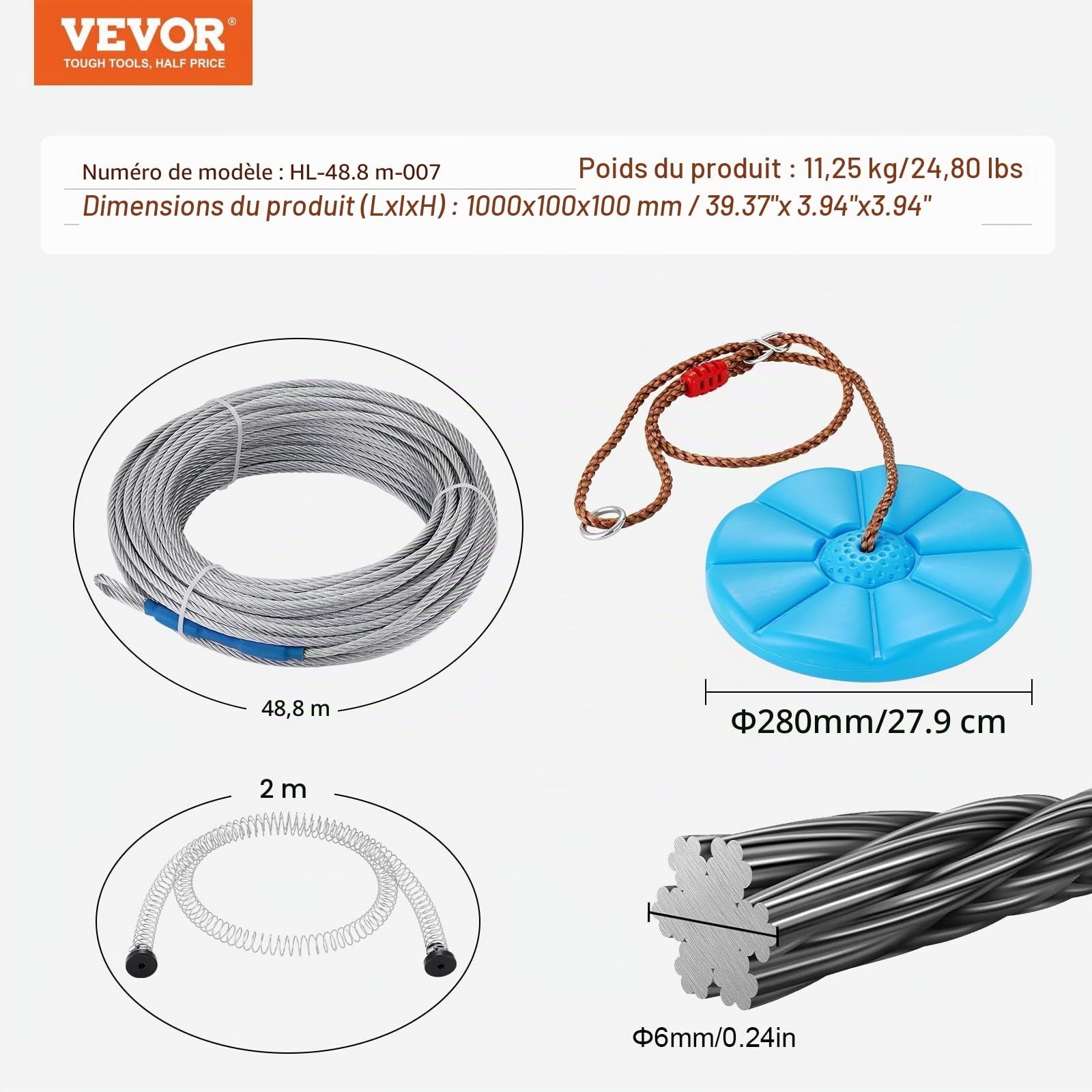 VEVOR Tyrolienne 48,8 m Kit de Tyrolienne Complet Charge 150 kg Configuration Facile avec Frein à Ressort Ceinture et Harnais de Sécurité pour Jardin Arrière-Cour (Ados Uniquement, Pas pour Adultes)