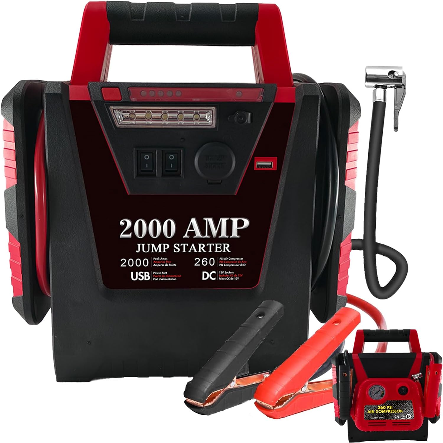Jump Starter with Air Compressor, 2000 Amp Car Battery Jump Starter 260 PSI Tire Inflator, 10000 mAh 12V Lead-Acid Battery Booster (Up to 5L Gas or 5L Diesel)