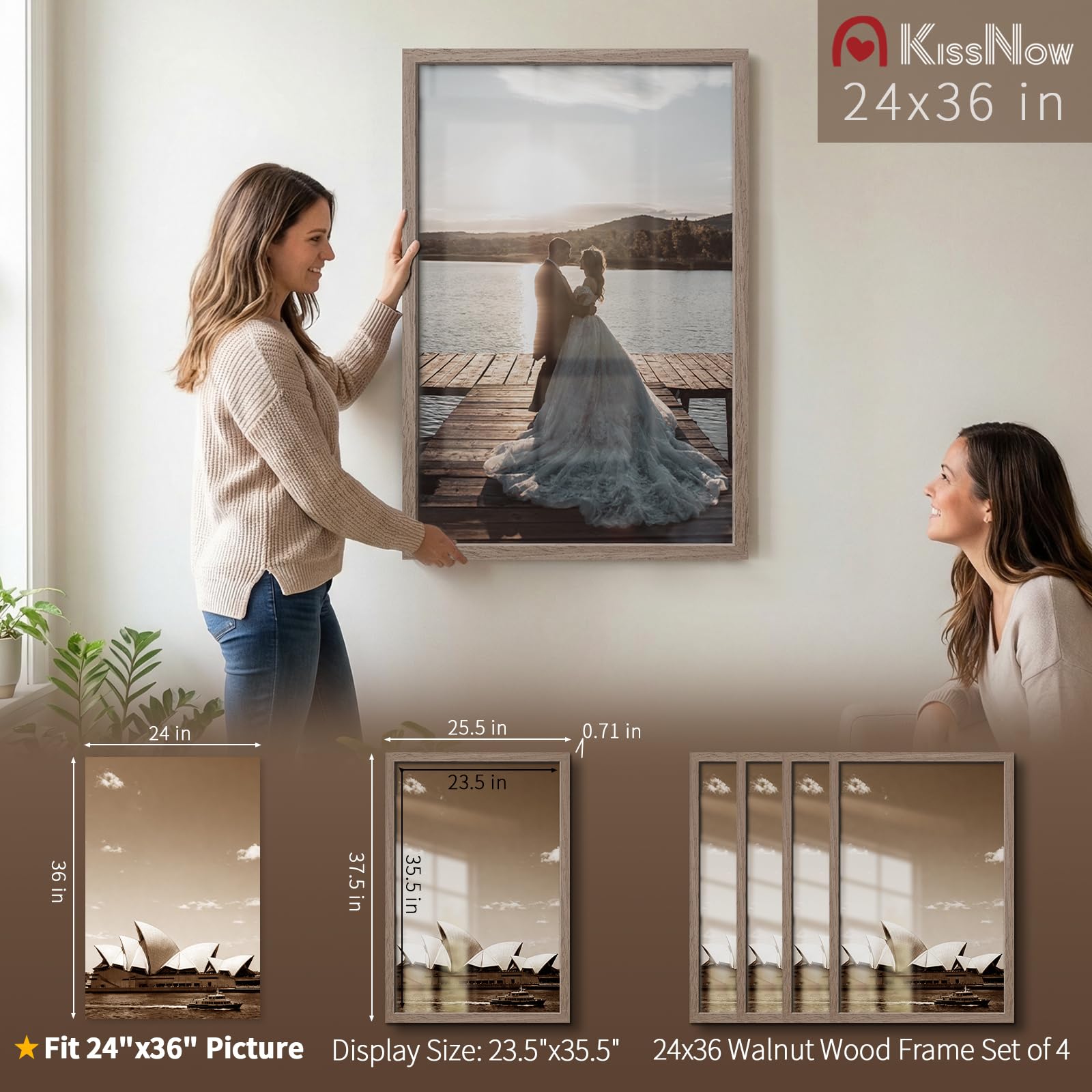 Amazon.com: KissNow 24x36 Poster Frame 4 Pack, Walnut Wood 36x24