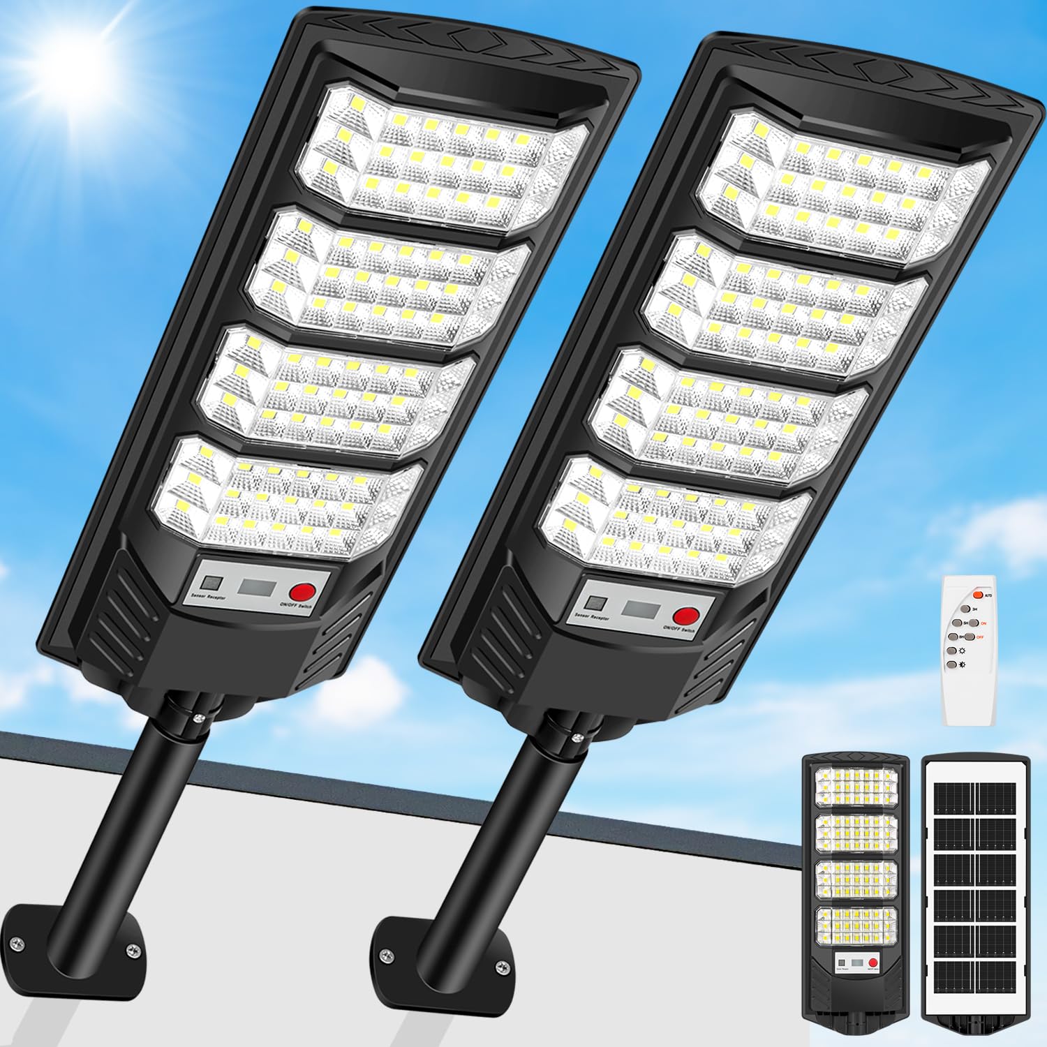 600W Lampione Solare LED Esterno, 6500K Lampioni da Giardino IP66 Impermeabile con Pannello Solare, Sensore di Movimento, Faro Stradale Esterno Luce Solari per Garage Strada (2 pezzi)