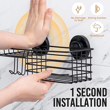 LEVERLOC Shower Caddy Suction Cup, 2 Pack Shower Shelves for Inside Shower with Hooks & Soap Holder, NO-Drilling Bathroom Shower Organizer, Rustproof Meatl Shower Holder Storage, Black