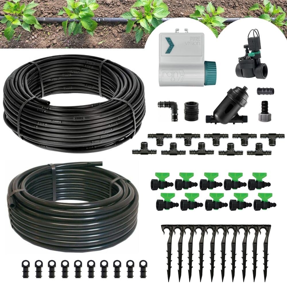 Kit Irrigazione a goccia automatico | Programmatore Rain Pure Vision + Elettrovalvola 9V | Kit Ala Gocciolante 100 Mq Passo 20 | Passo 30 | Passo 40 cm orto giardino Completo di Filtro (Passo 30)