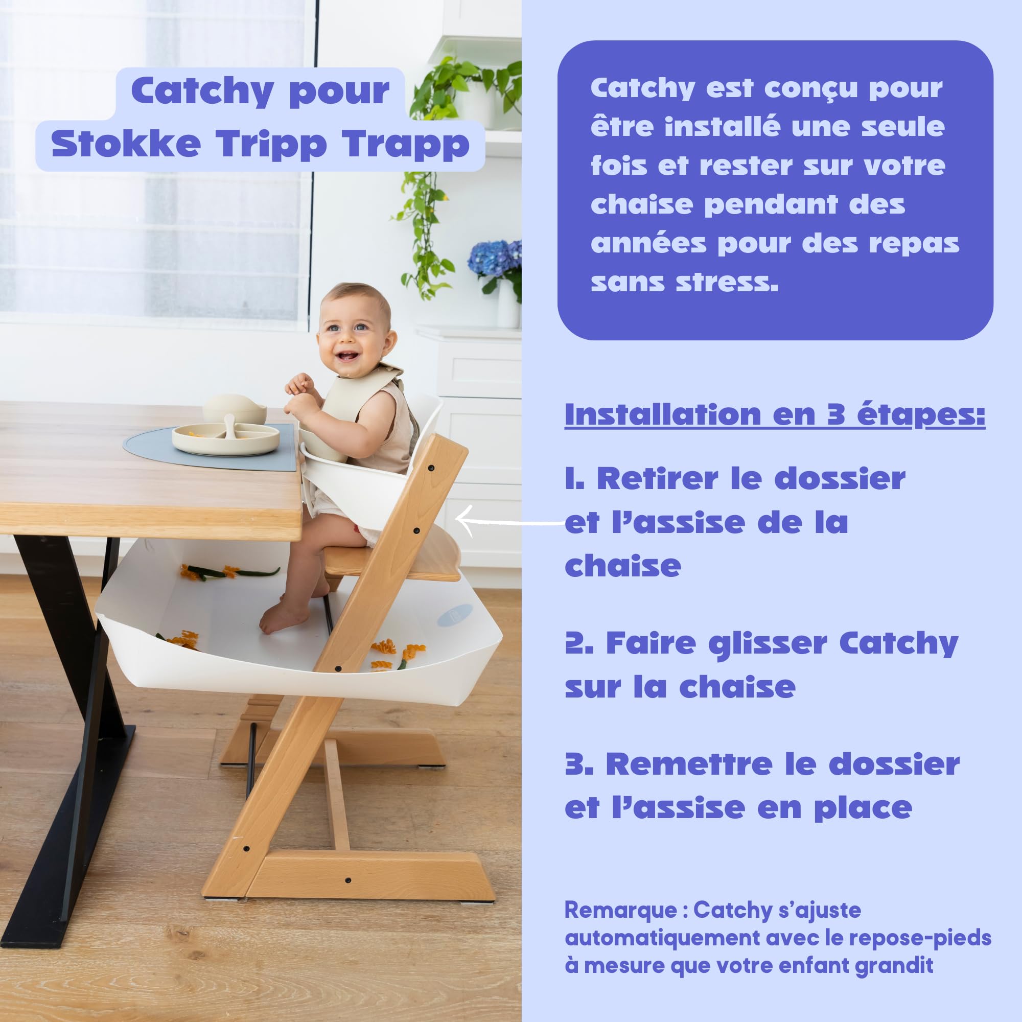 CATCHY Récupérateur d’Aliments pour Chaise Haute Bébé, Compatible avec la Chaise Haute Évolutive Stokke Tripp Trapp (Vendue Séparément), Bavoir Plateau Anti-Salissures Bébé, Blanc