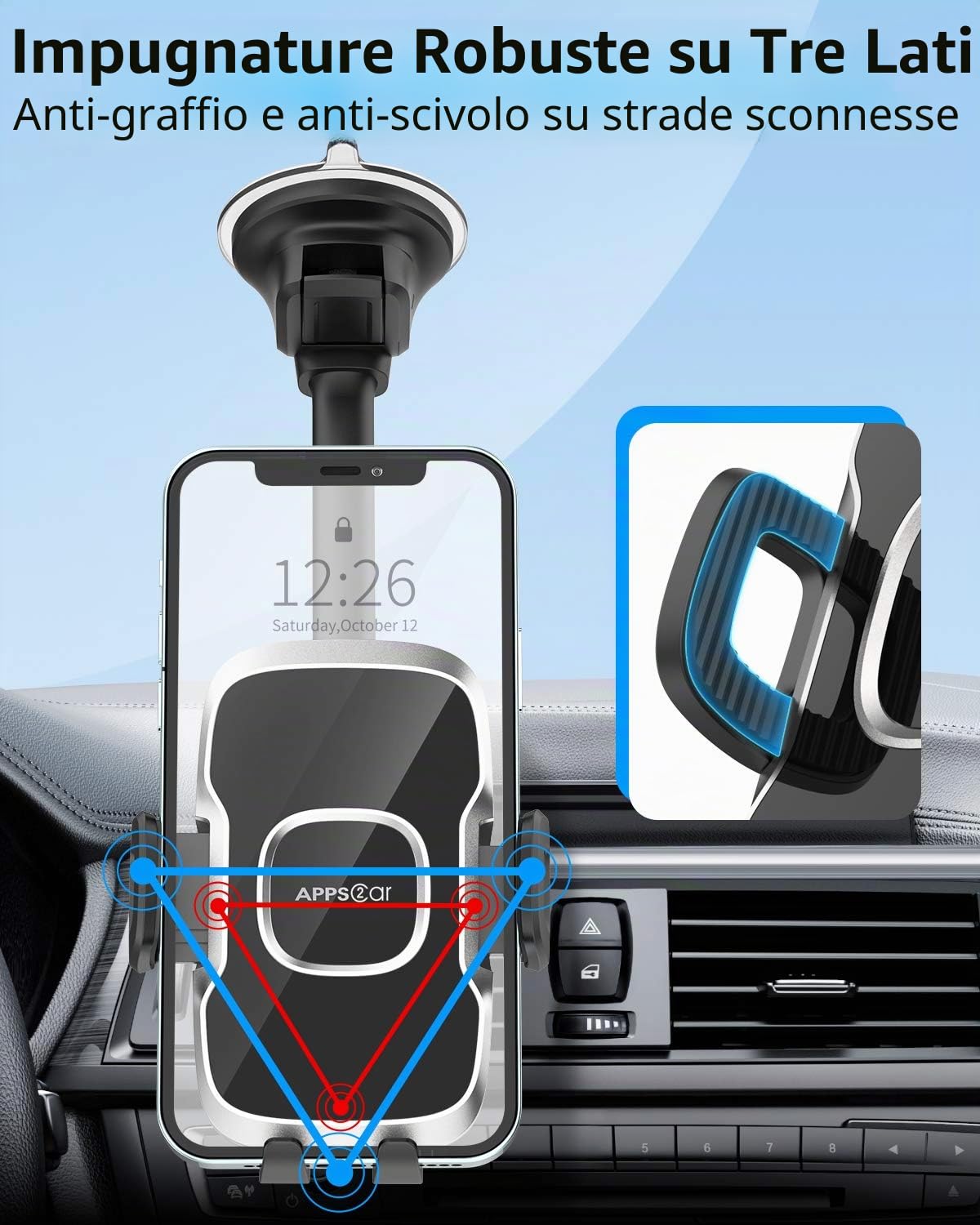 APPS2Car Supporto per telefono per parabrezza auto, braccio lungo flessibile da 13 pollici con collo d'oca, base di aspirazione per telefono e cruscotto per furgoni e camion