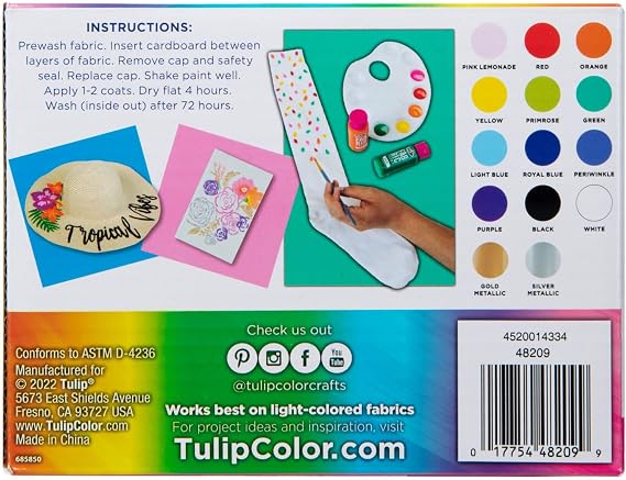 Tulip Brush-on Fabric Paints, 14 Colors 2 fl oz each, Permanent, Flexible, Rainbow