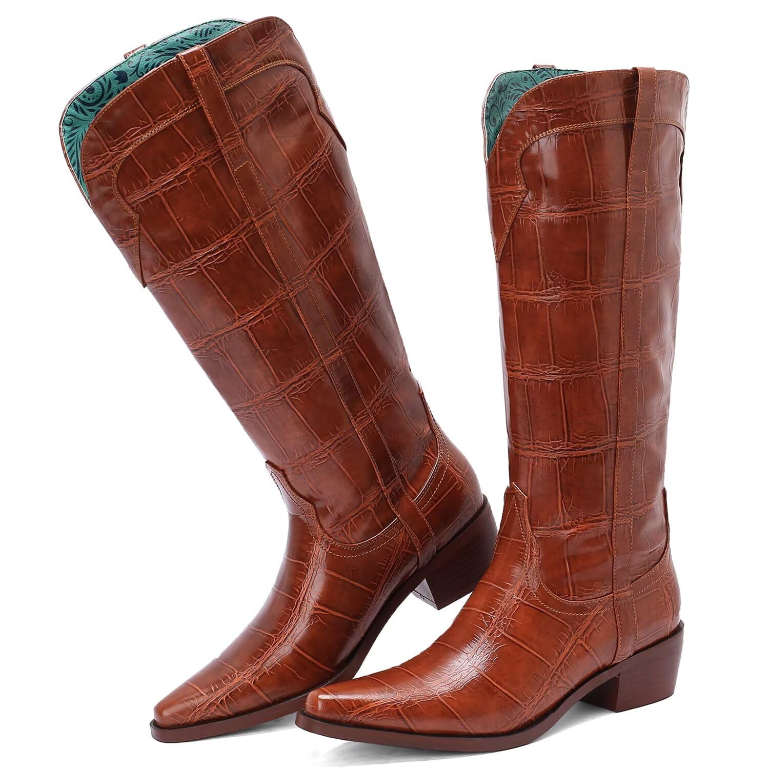 WUDPUNDR Cowboy Boots for Women Knee High Cowgirl Boots Chunky Heel 2 Inch Western Retro Tall Boots