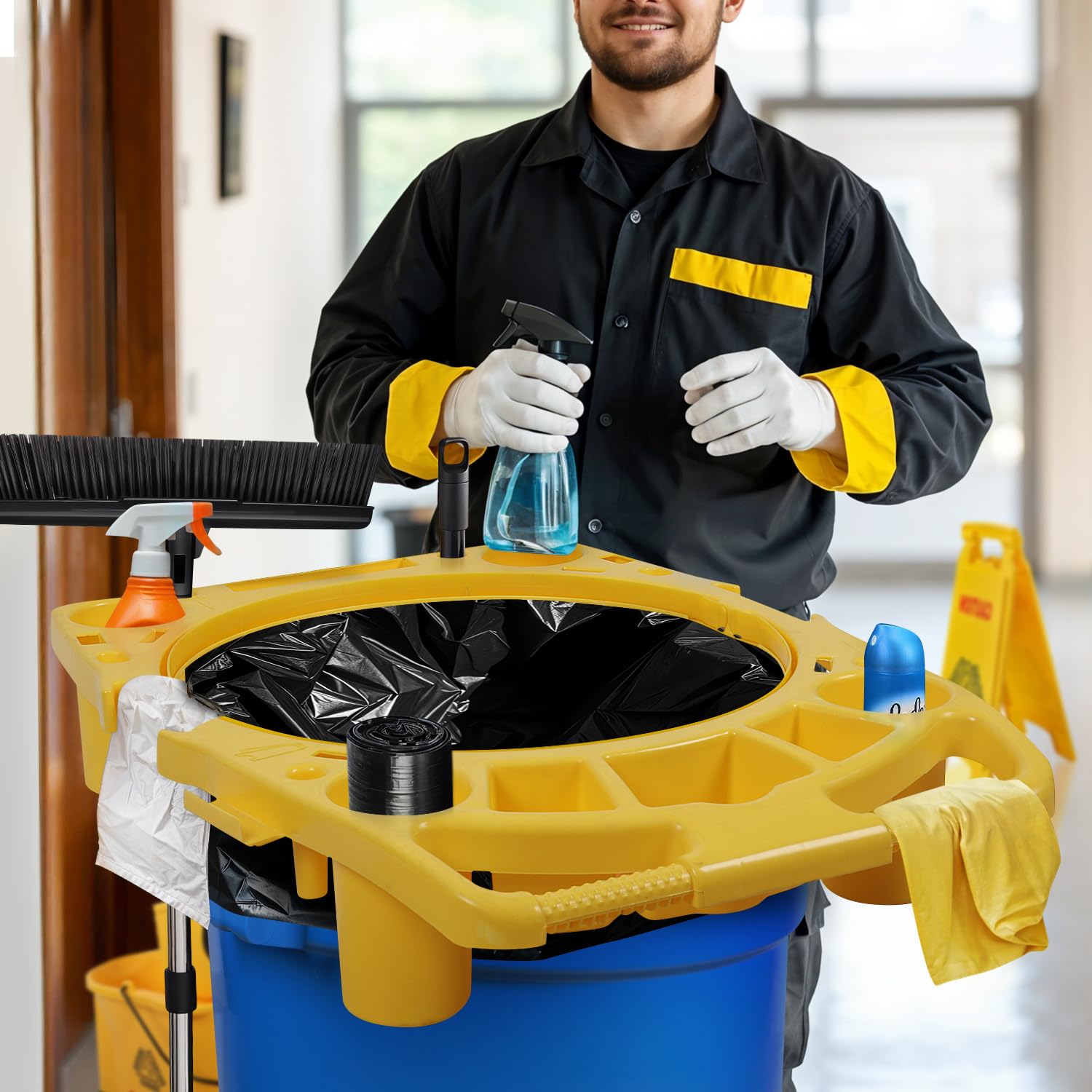 PLASTIC PRINCE 44 Gallon Trash Can Caddy Round Garbage Can Rim Caddy for 44 Gal Round Commercial Trash Can Frame, Yellow