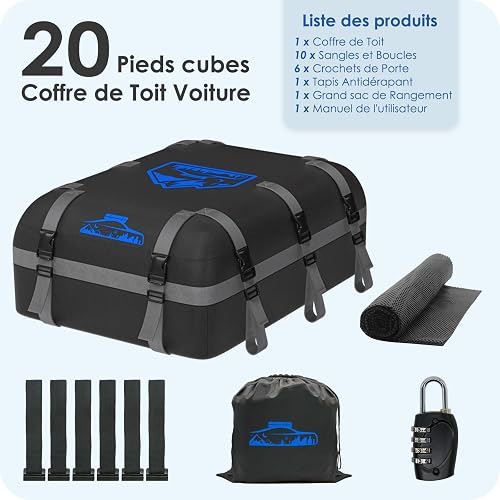Rymopuey Coffre de Toit Voiture 20CFT/566L, Coffre de Toit Voiture étanche 1000D Oxford, Coffre de Toit Avec Tapis Antidérapant et 10 Sangles D'arrimage, Coffre de Toit Plegable con/sin Bacas - 8
