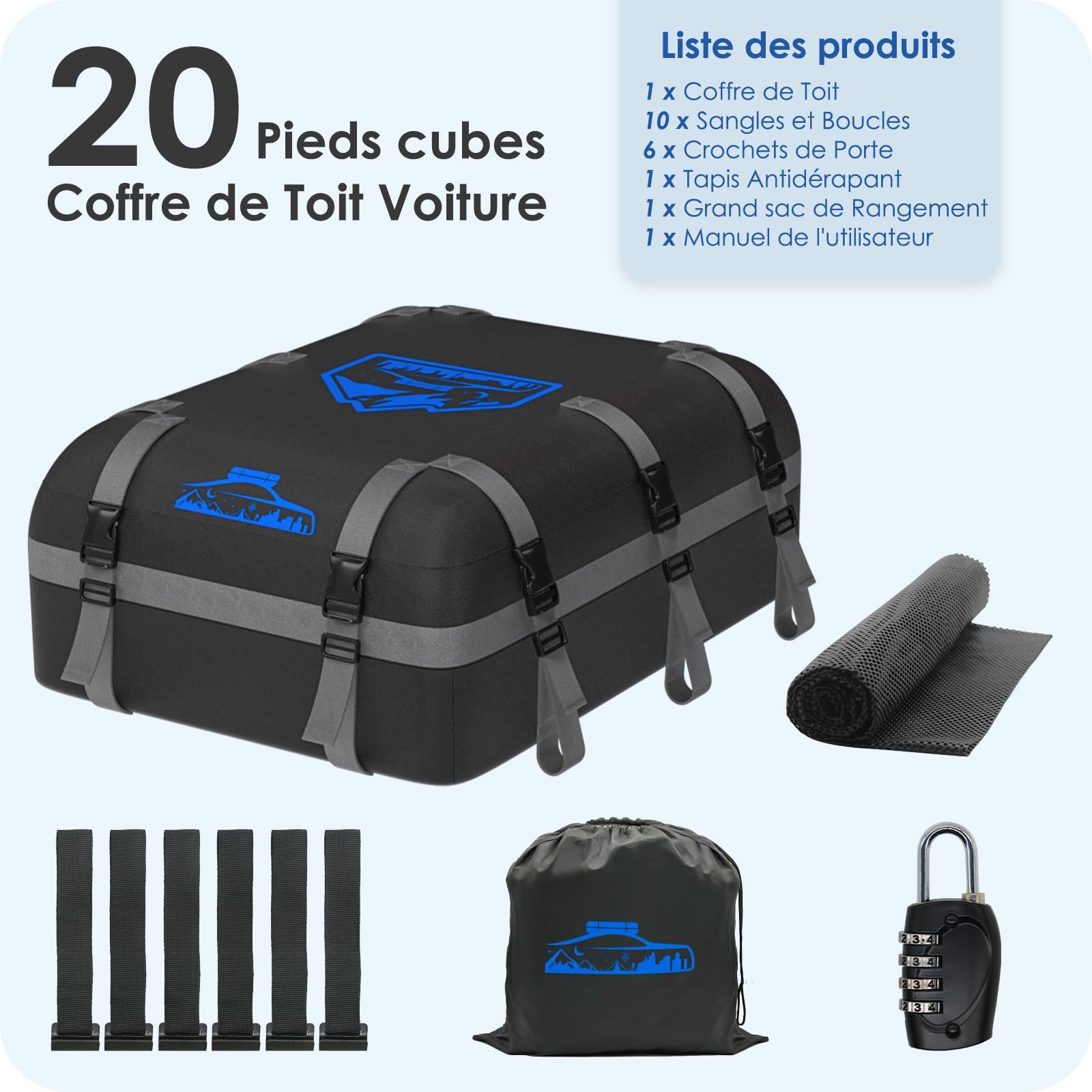 Coffre de Toit Voiture 20CFT/566L, Coffre de Toit Voiture étanche 1000D Oxford, Coffre de Toit Avec Tapis Antidérapant et 10 Sangles D'arrimage, Coffre de Toit Plegable con/sin Bacas