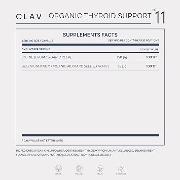 Organic Thyroid Support Supplement with Organic Sea Kelp Iodine and Selenium from Mustard Seed Extract - 120 Capsules - Natural Iodine Supplement for Men & Women - Vegan and Gluten Free