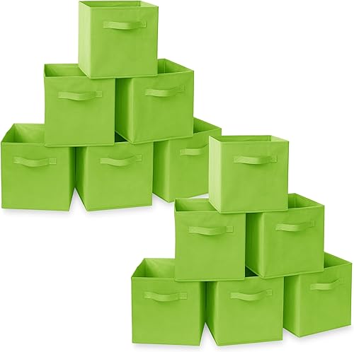 Casafield Juego de 12 cubos de almacenamiento plegables de tela, color verde lima, canastas de tela plegables de 11 pulgadas para estantes,
