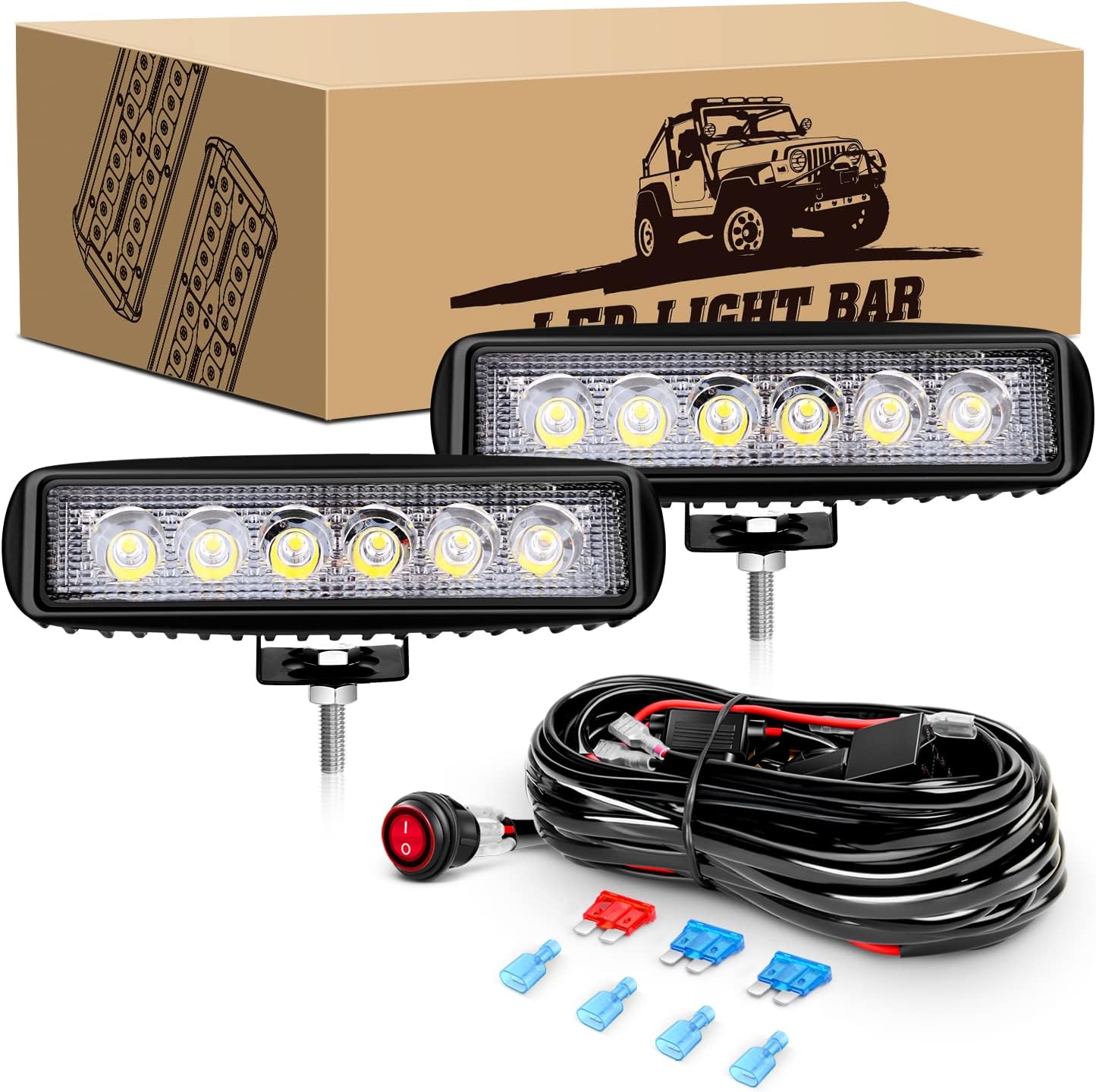 GOOACC 2 PCS 18w Spot Led Light Bar Work Light Pods Off Road Driving Light Fog Light Reverse Lights with 16AWG Off Road Wiring Harness-2 Leads for Truck Truck Boat SUV ATV, 2 Years Warranty