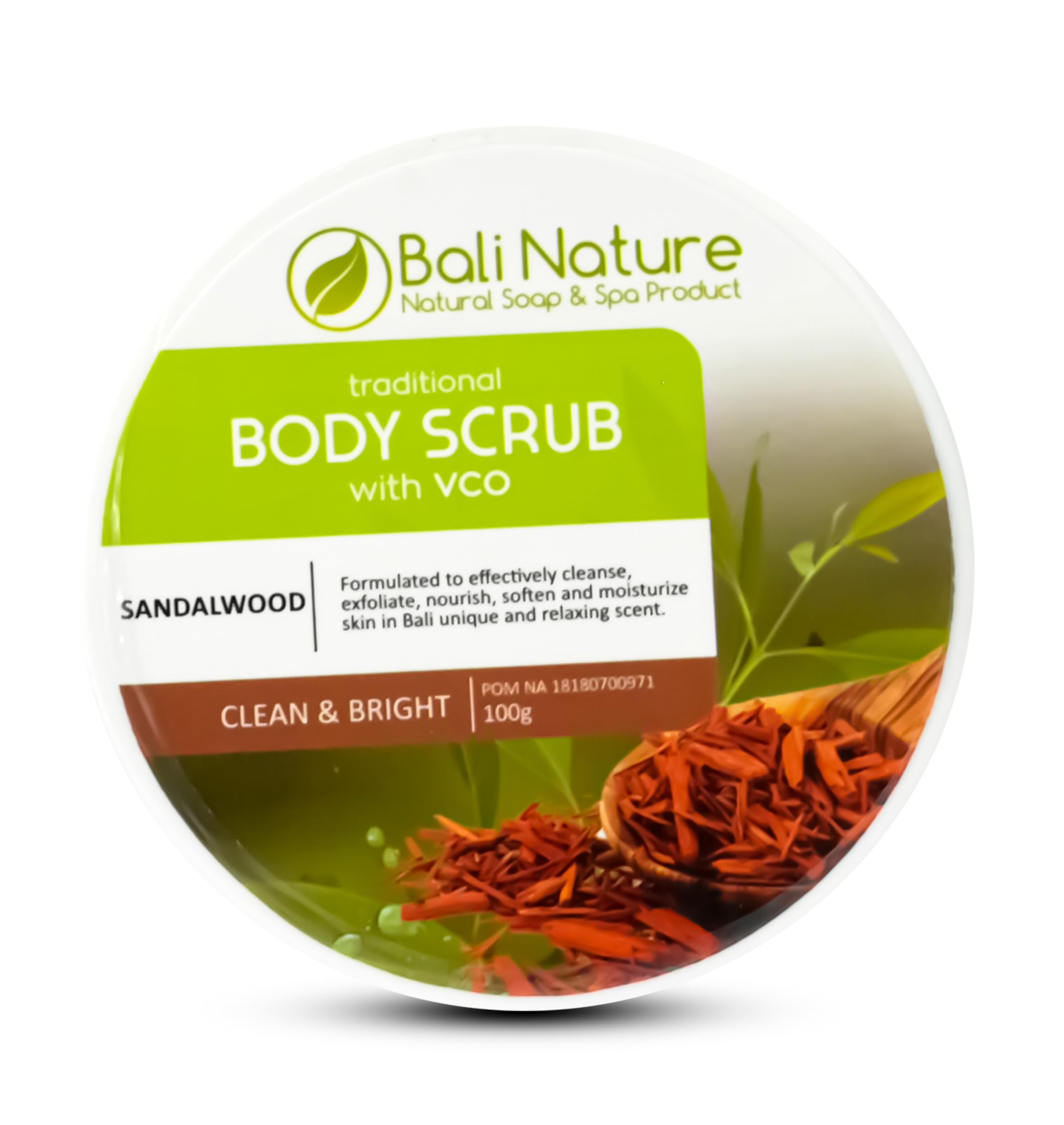 Bali Nature Body Scrub With VCO Clean & Bright 100g - Exfoliate, Nourish, and Moisturize with Unique and Relaxing Scent (Regular, Sandalwood)