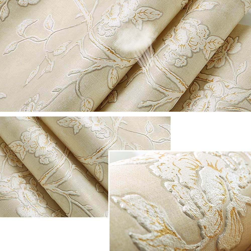QIHANG Modern Simple 3D Thick Non-Woven Embossed Tree Flowers Pattern Living Room TV Background Wallpaper Roll 1.73' x 32.8'=57 Square feet (Beige)