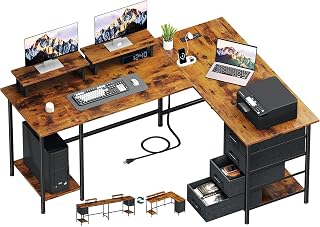 Korfile 59 inch L Shaped Computer Desk with Power Outlets, Home Office Desk with 4 Adjustable Storage Drawers & 2 Monitor Stands, Two Person Gaming Table for Bedroom, Rustic Brown - Amazon product rated Grade A