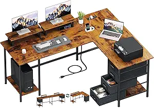 59 inch L Shaped Computer Desk with Power Outlets, Home Office Desk with 4 Adjustable Storage Drawers & 2 Monitor Stands, Two Person Gaming Table for Bedroom, Rustic Brown