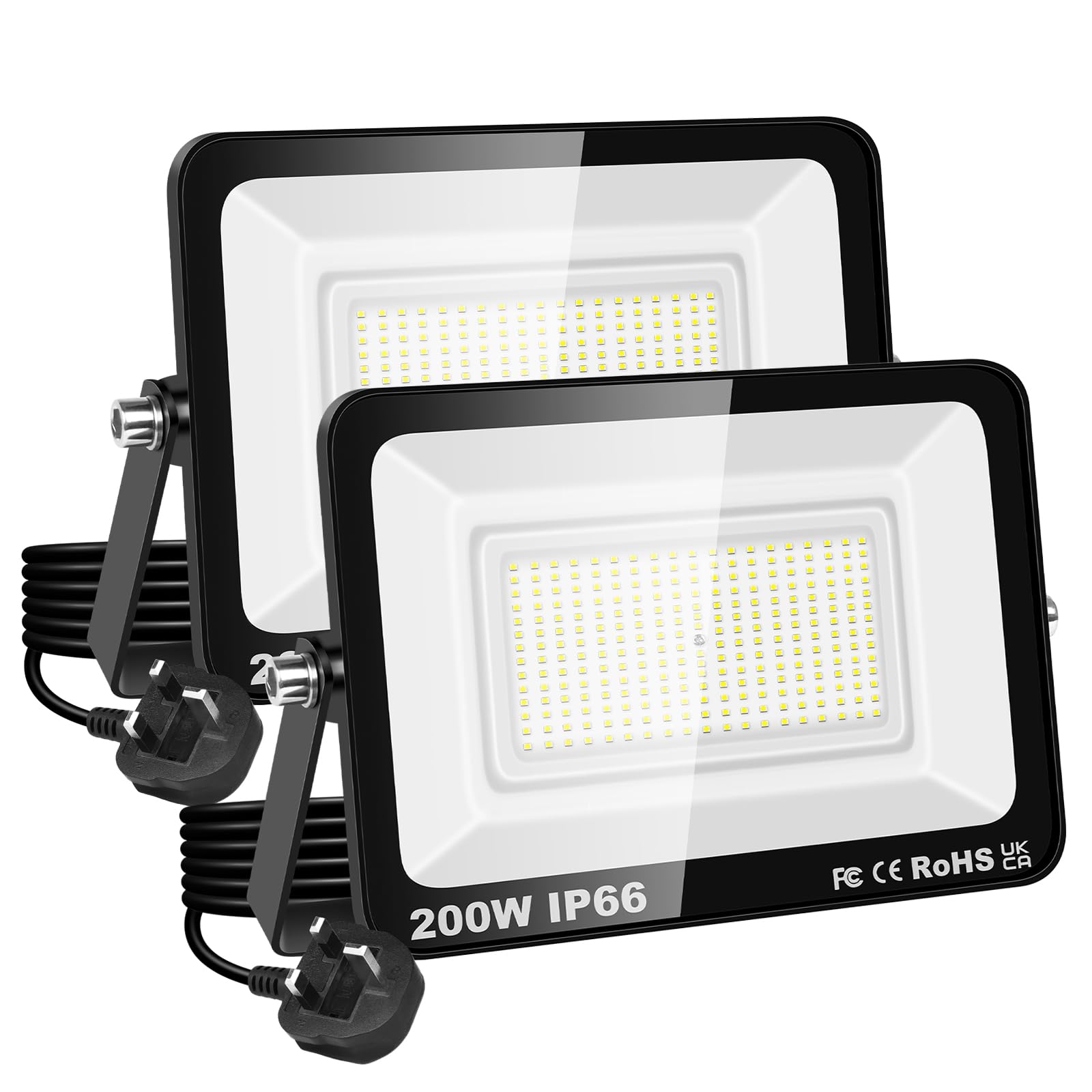 RIGIDON Led Outdoor Floodlight, 2X 200W 20000LM Flood Lights with Plug, Mains Powered Security Lighting, Outside for Garage Garden Yard Patio, Waterproof Workshop Job Site Work Lamp, 6000K Cold White — image 1