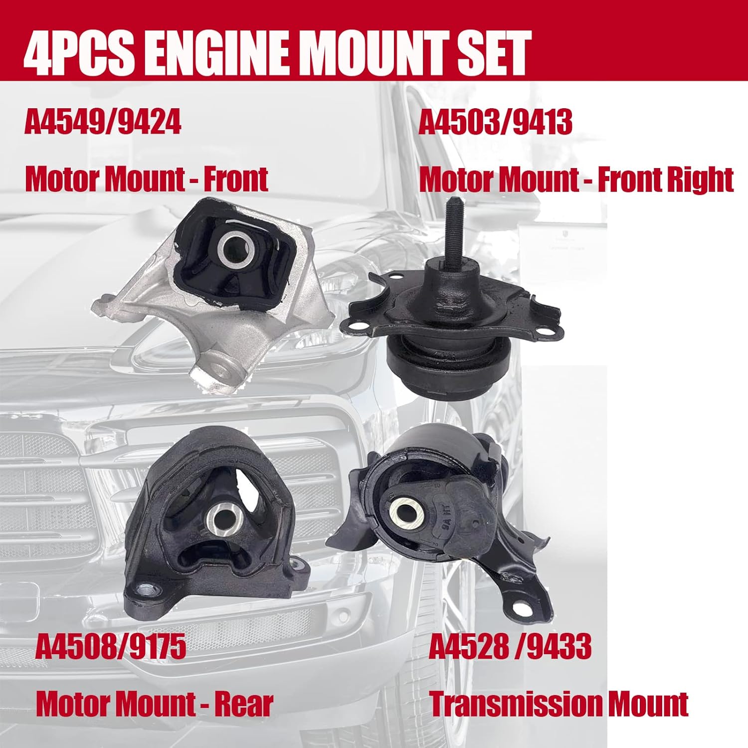 Engine Motor Mount Set 4PCS Compatible with 2002-2006 Acura RSX 2.0L, 2002-2005 Honda Civic 2.0L, Replaces A4528 A4508 A4567 A4549, Front Rear Left Right Support