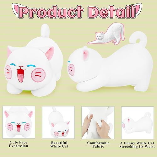 Miniatura 5 de Almohada de felpa de gato, juguete de peluche de gato blanco, almohada suave de felpa kawaii para abrazar, lindo peluche de gato para niños y