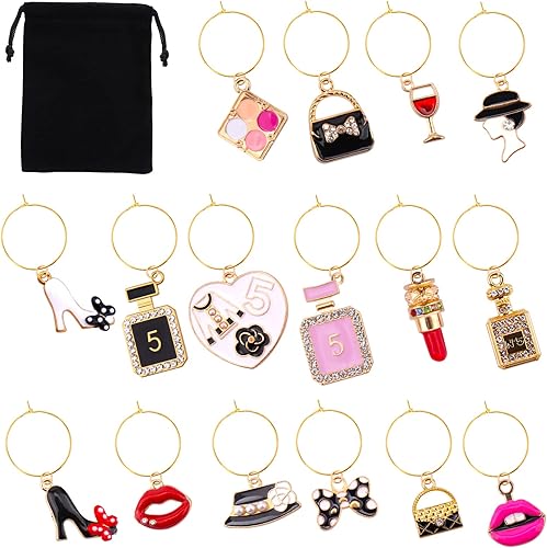 AIERSA Dijes para copas de vino, 16 marcadores de bebida con anillos dorados para copas de tallo, divertidos dijes de vino, decoraciones de fiesta