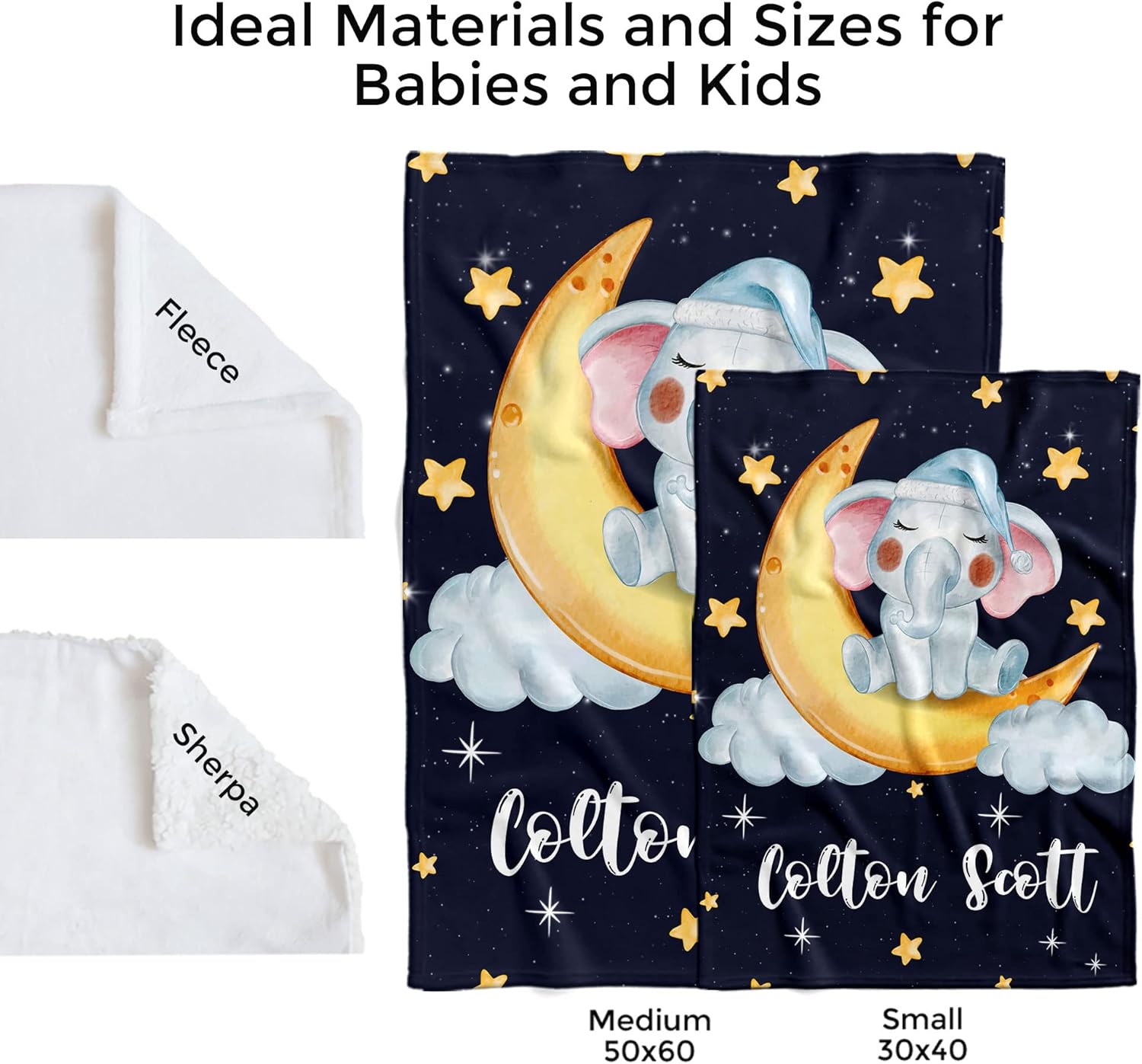 MDPrints Global MDPrints Elephant Personalized Baby Blankets for Boys, Personalized Baby Gifts with Name, Customized Baby Blanket, Newborn Boy Gift, Soft Fleece