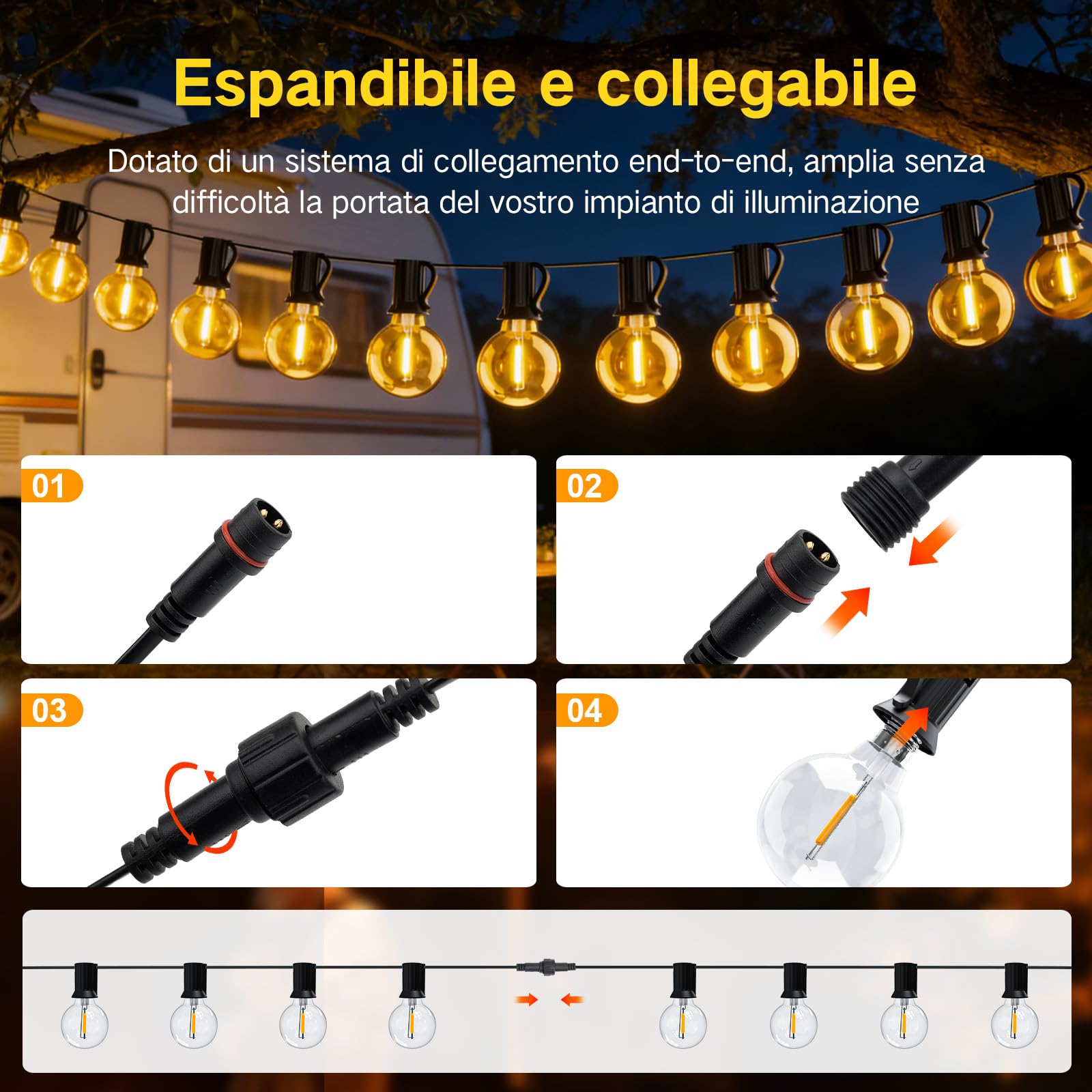 Catena Luminosa Esterno 20M, Impermeabile Luci da Esterno Giardino, LED Lampadine da Esterno Giardino Dimmerabile con Telecomando, Filo Luci da Esterno per Festival Decorative , Matrimoni, Terrazze