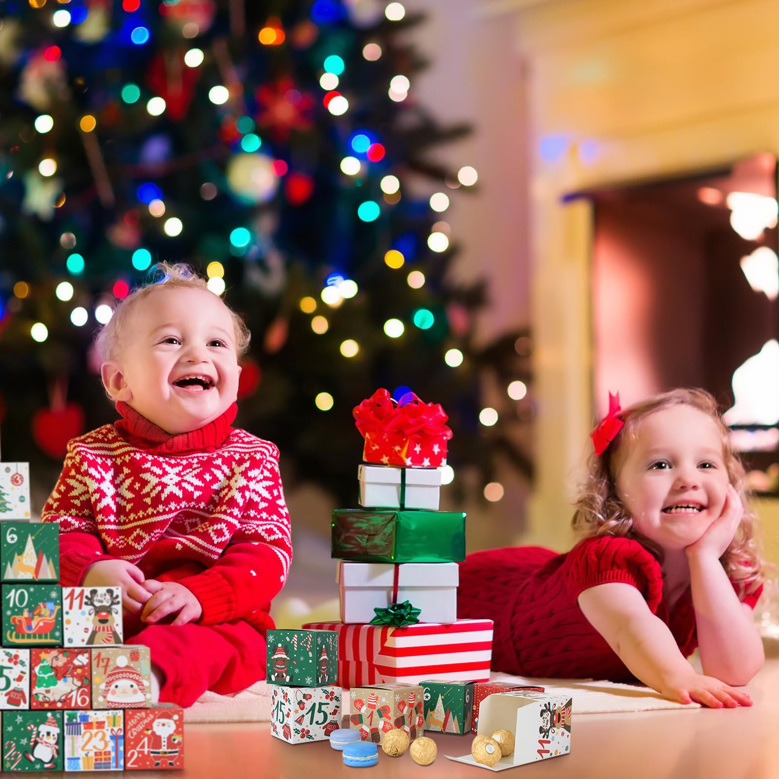 Świąteczne kalendarze adwentowe, pudełka do odliczania, do napełniania, kalendarz adwentowy, Boże Narodzenie, pudełka na prezenty, choinka, przyjęcie, pudełka na prezenty, artykuły imprezowe (styl B)