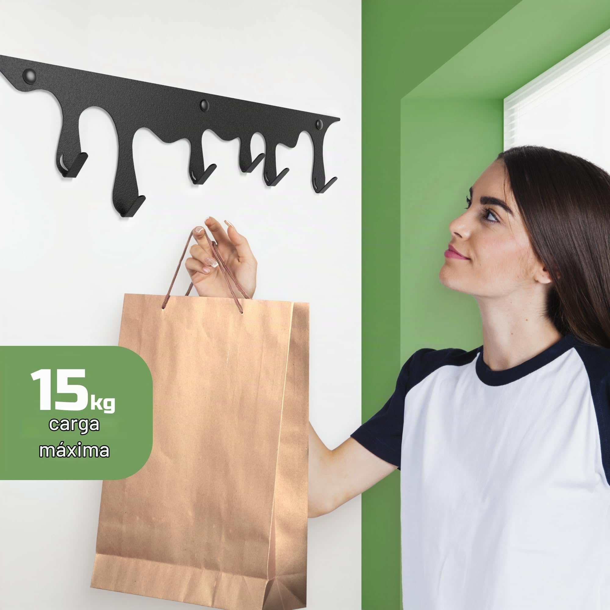 Elegante perchero negro montado en la pared, 2 piezas, 6 ganchos, 60 x 20 cm, diseño moderno de metal resistente, perfecto para habitaciones de niños, dormitorios, pasillos, baños y guarderías