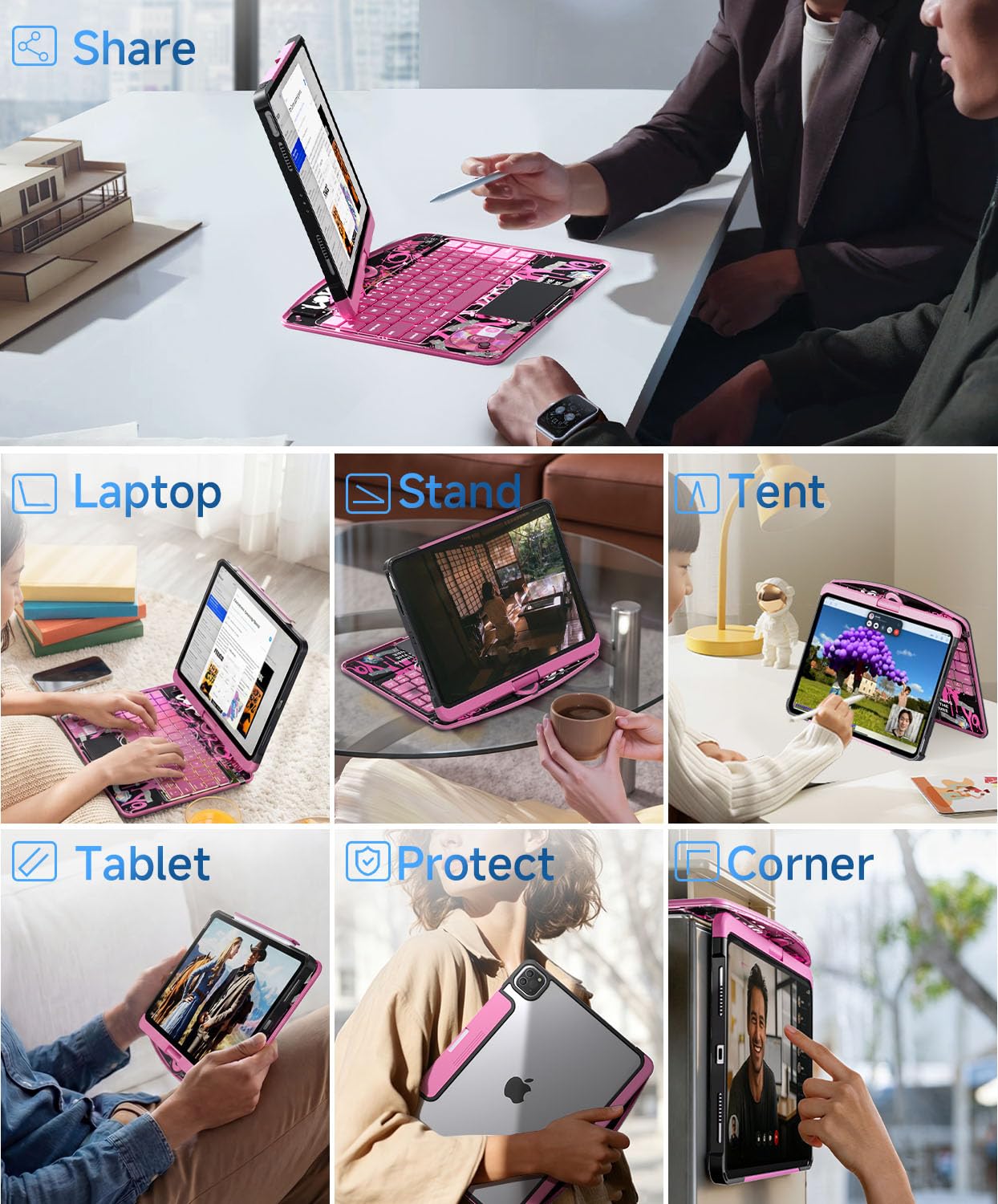 Funda con teclado para iPad Pro de 11 pulgadas (M5/M4, 2025/2024), iPad Pro de 11 pulgadas con trackpad multitáctil, rotación de 360° y soporte para lápices, rosa