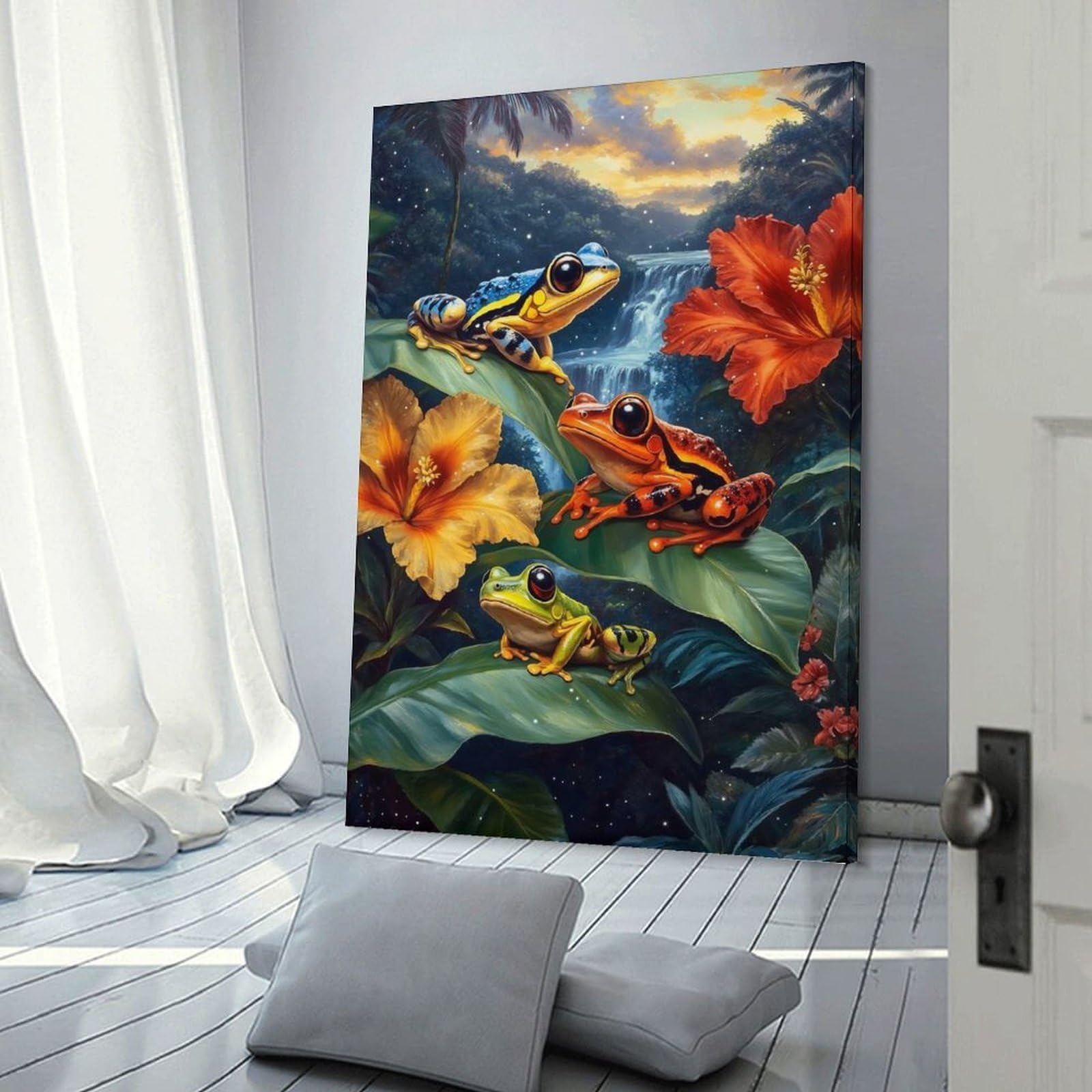Junmoney Hanging Wall Art Tropical Frogs And Hibiscus Flowers, 20x30inch(50x75cm), for Wall Displays, Bedrooms Or Room Updates, Wall Decor Suited to Curated Displays