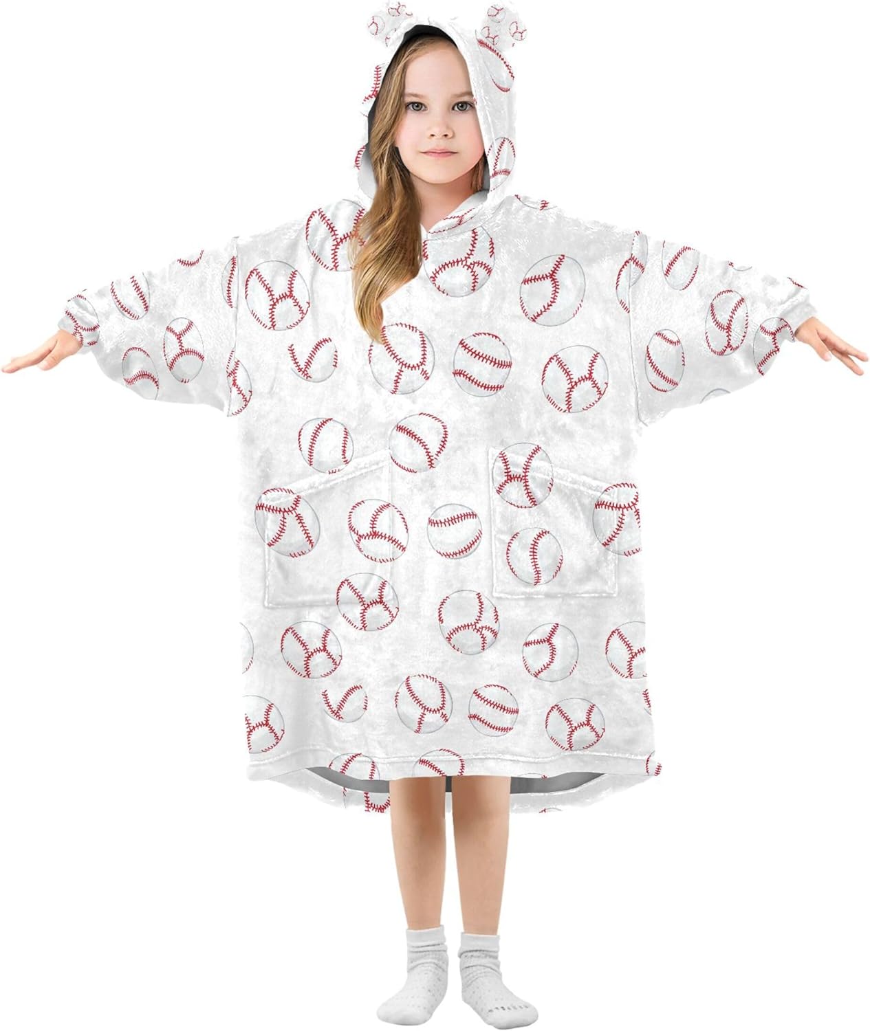 Baseball Kids Wearable Blanket Hoodie with Pocket and Sleeves for Toddlers, Cute Hoodies Girls Boys B0403935