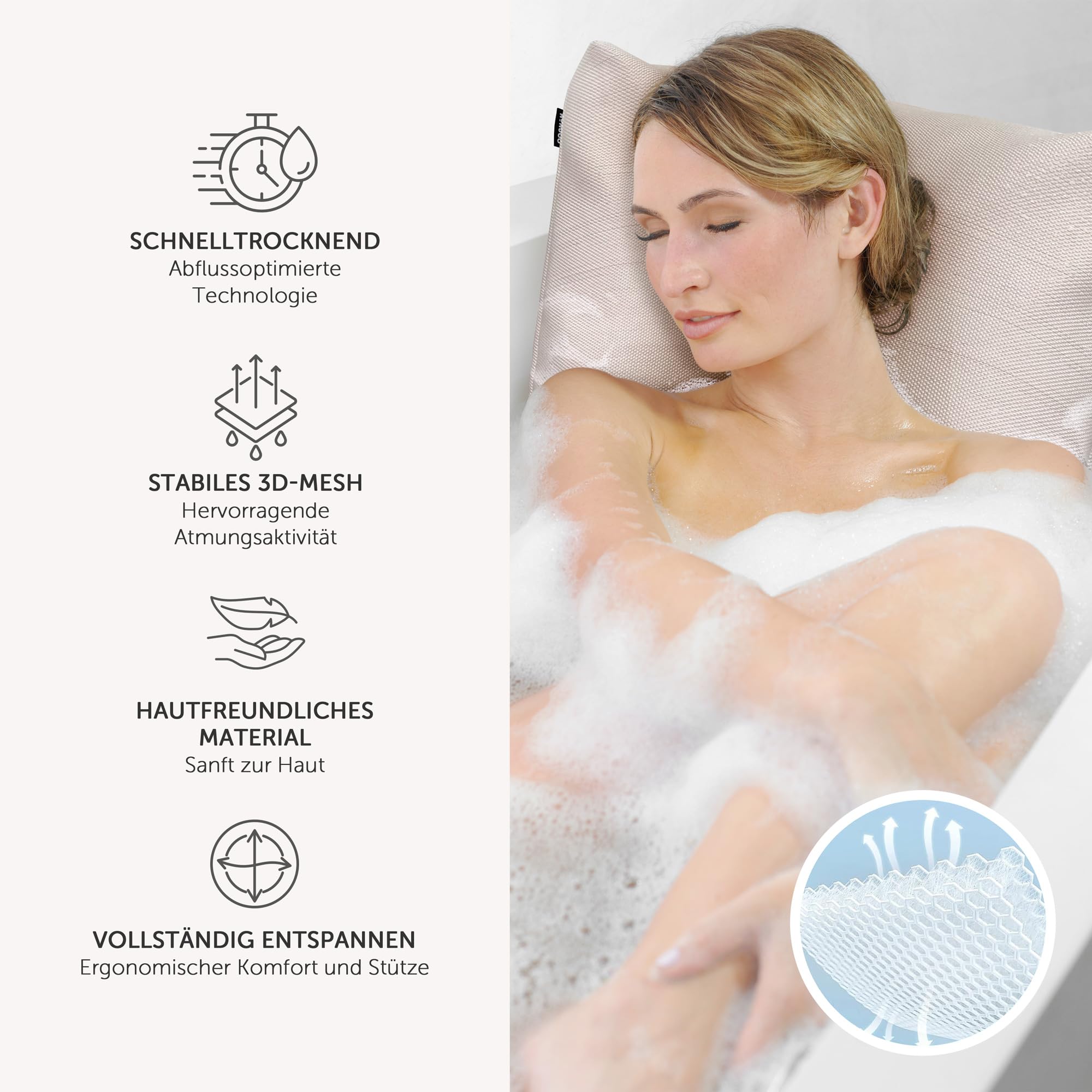 Ergonomisches Badewannenkissen | Premium Wellness Badekissen 3D-Mesh | Schnelltrocknendes Badewannenpolster 50x60cm (Perlmutt)