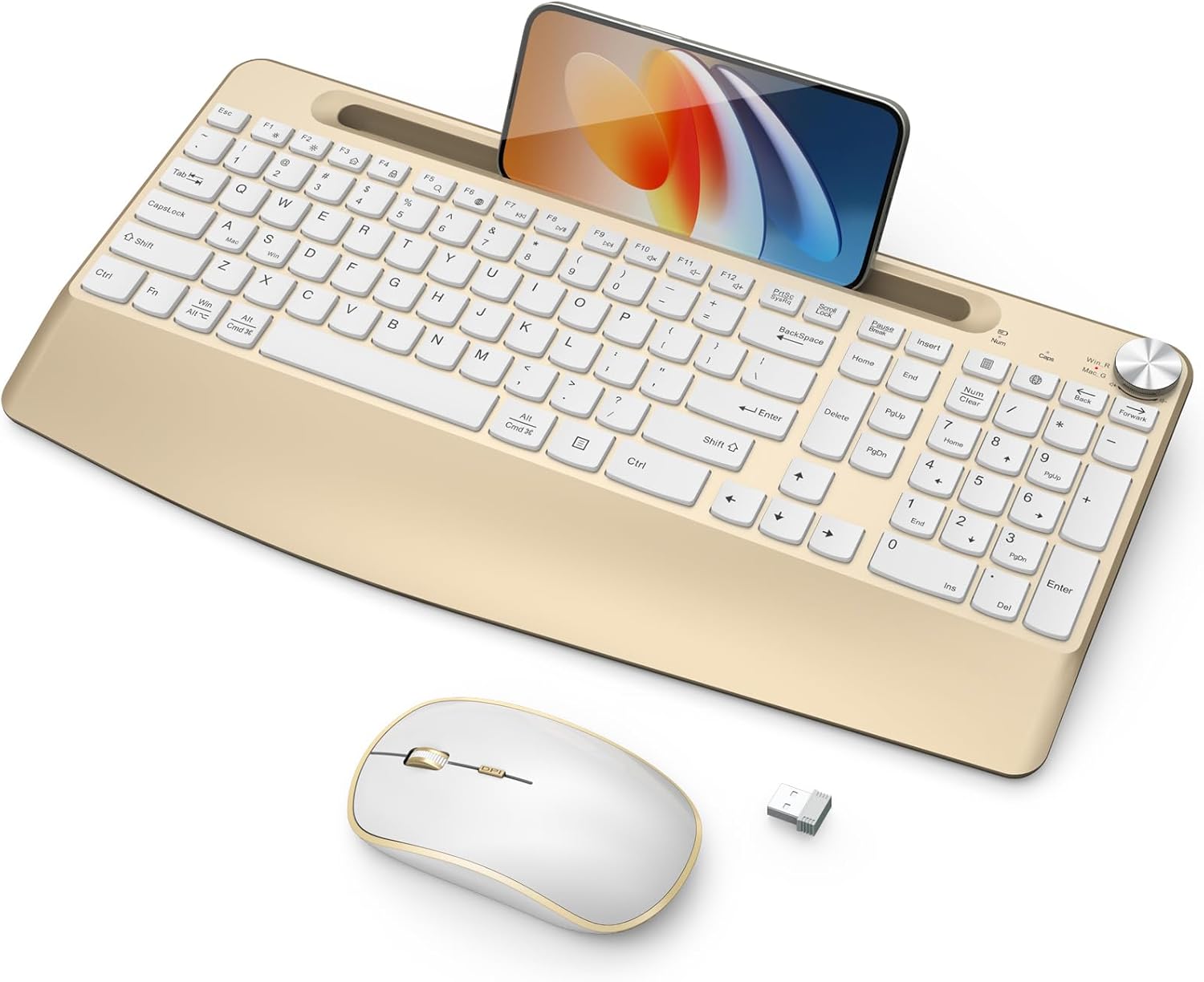 JOYACCESS Ergonomic Wireless Keyboard and Mouse Combo, Full-Sized Keyboard with Wrist Rest, Wireless Keyboard Mouse Combo with Tablet Holder, Volume Roller for Computer PC Laptop-Gold&White