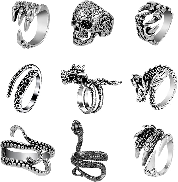 Dacitiery 9 Pieces Mens Rings Vintage Punk Rings Octopus Dragon Snake Ring for Men Women Adjustable Cool Gothic Ring Set