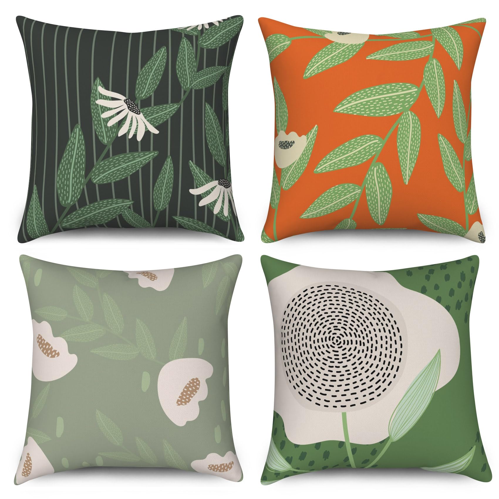 ASDCXZ Cushion Covers 45cm x 45cm Set of 4, Boho Flower Leaves Green Orange Black Outdoor Garden Sofa Decoration Cushion Cover Washable Polyester Linen Fabric Upholstery Pillow Cover