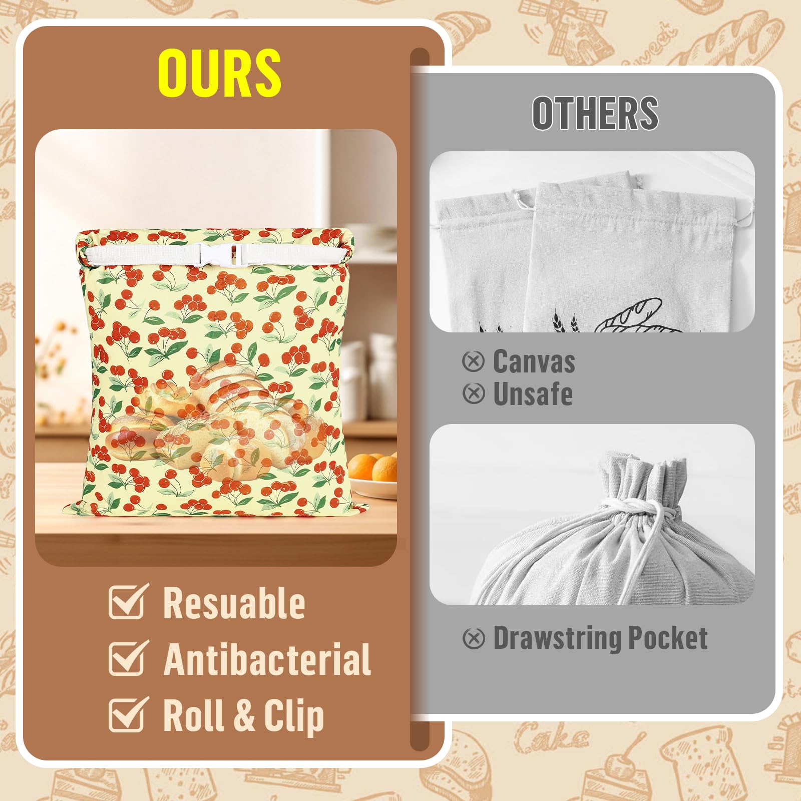 2 Pcs Sacs a Pain Tissu Réutilisables en Polyester avec Doublure en Cire d'abeille Sac à Pain pour Conserver le Pains Beeswax Bread Bag Conservation Croissant Baguette Fruits Légumes-43*30cm(Cerises)