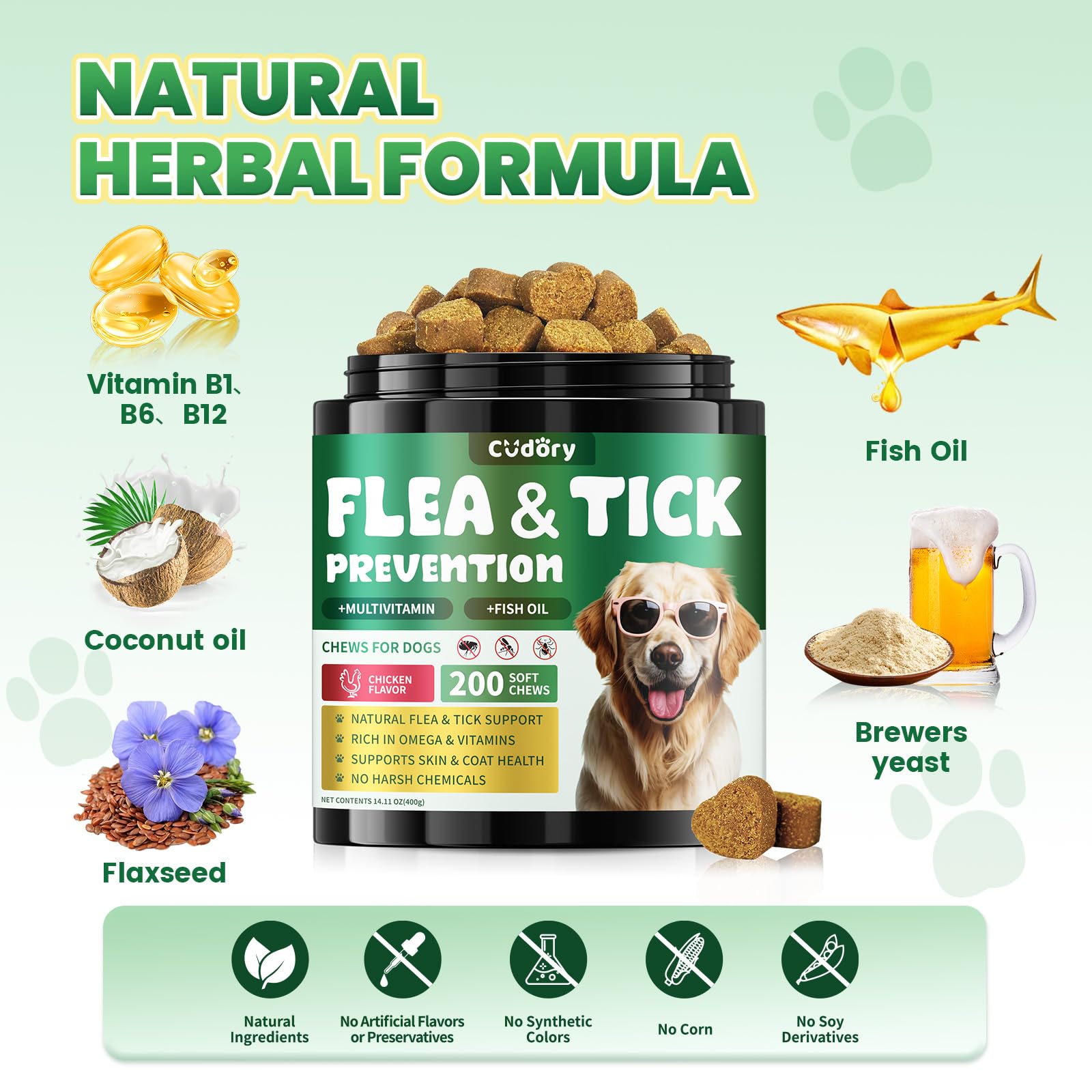 Flea Support for Dogs 200 Natural Soft Chewables Flea Support with Vitamins & Fish Oil - Image 2