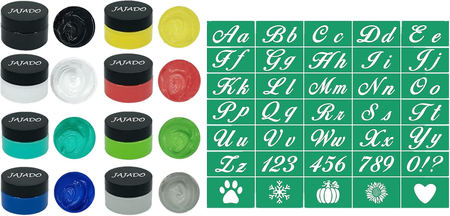 JAJADO 8 Jars Chalk Paste Paint for Craft on Silk Screen Stencil, Reusable Adhesive Stencil Letters Silk Screen Transfer Number Screen Print Transfers Stencil Paint for Wood/Fabric/Windows/Wall