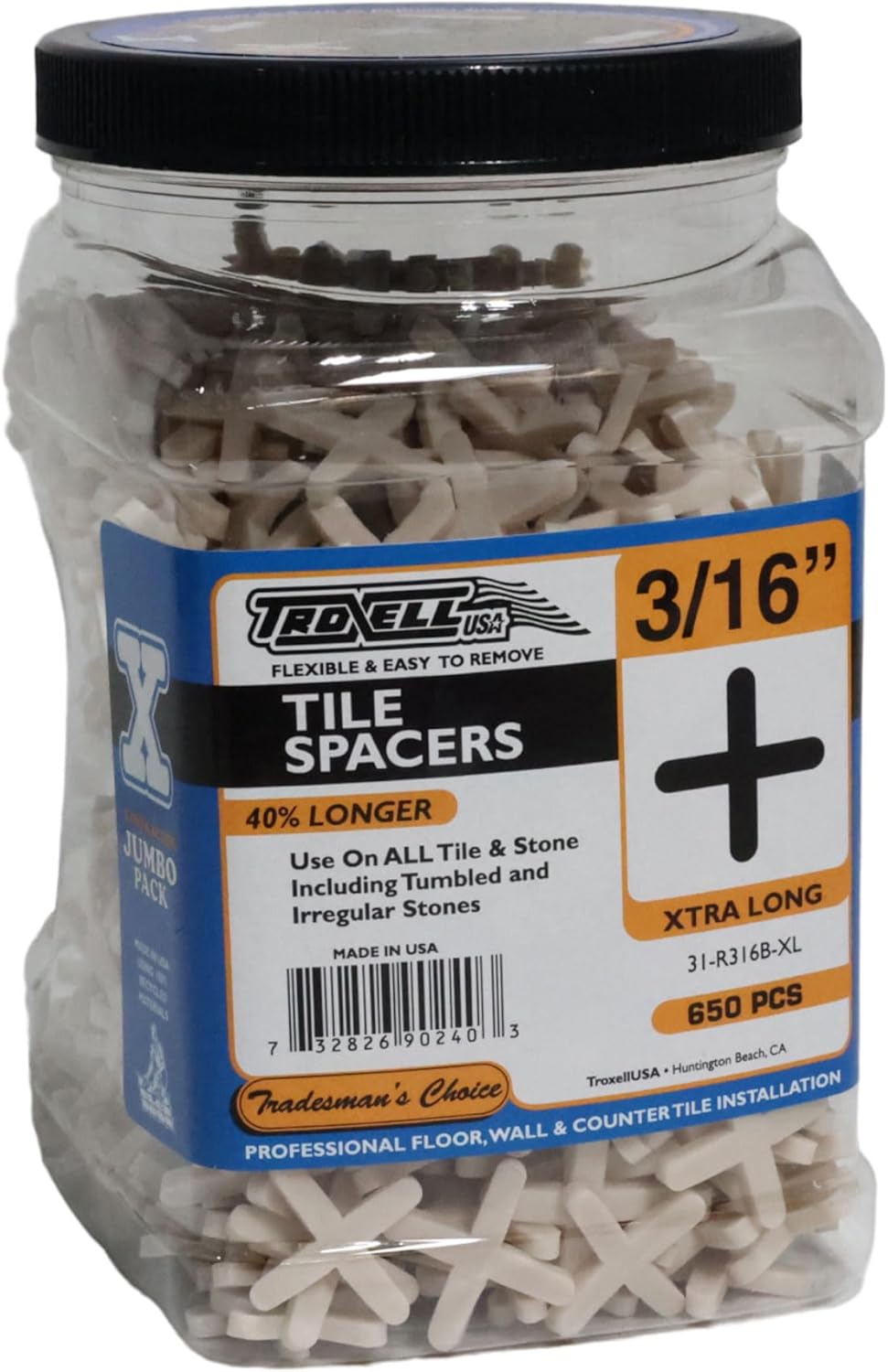 Daddy Long Leg 3/16" Tile Spacers - 650 Pieces - Jar