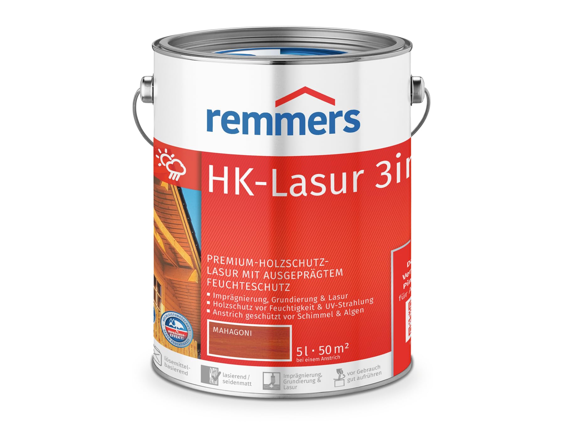 Remmers Vernice trasparente HK mogano, 5 litri, vernice trasparente decorativa premium per esterni, tripla protezione del legno con impregnante + fondo + finitura, protezione del legno da umidità e raggi